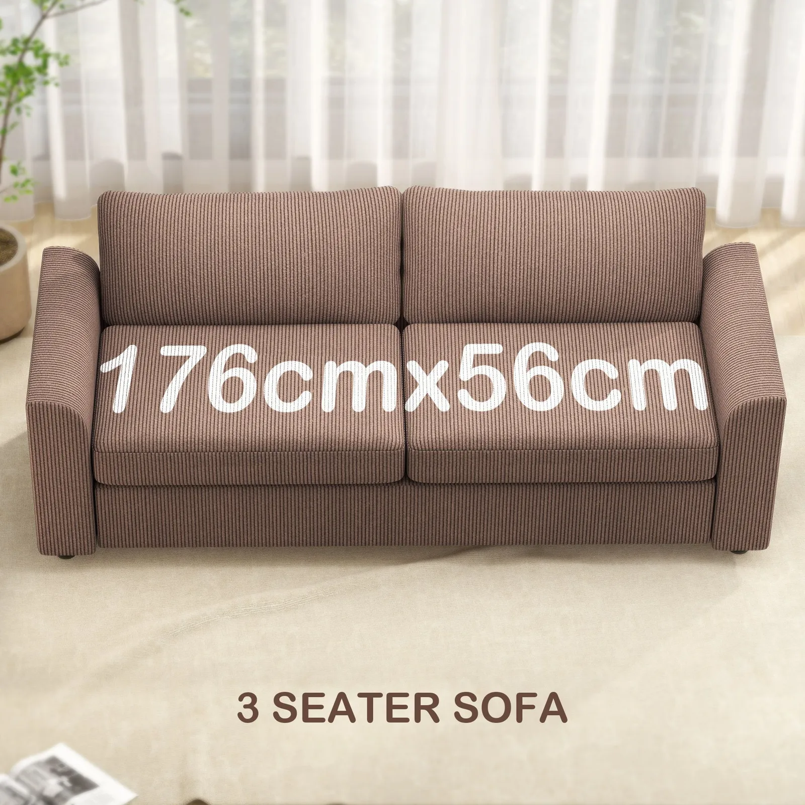 HOMCOM 212 cm Upholstered Jumbo Cord Sofa Couch with Spring Cushion, Coffee in Brown 4