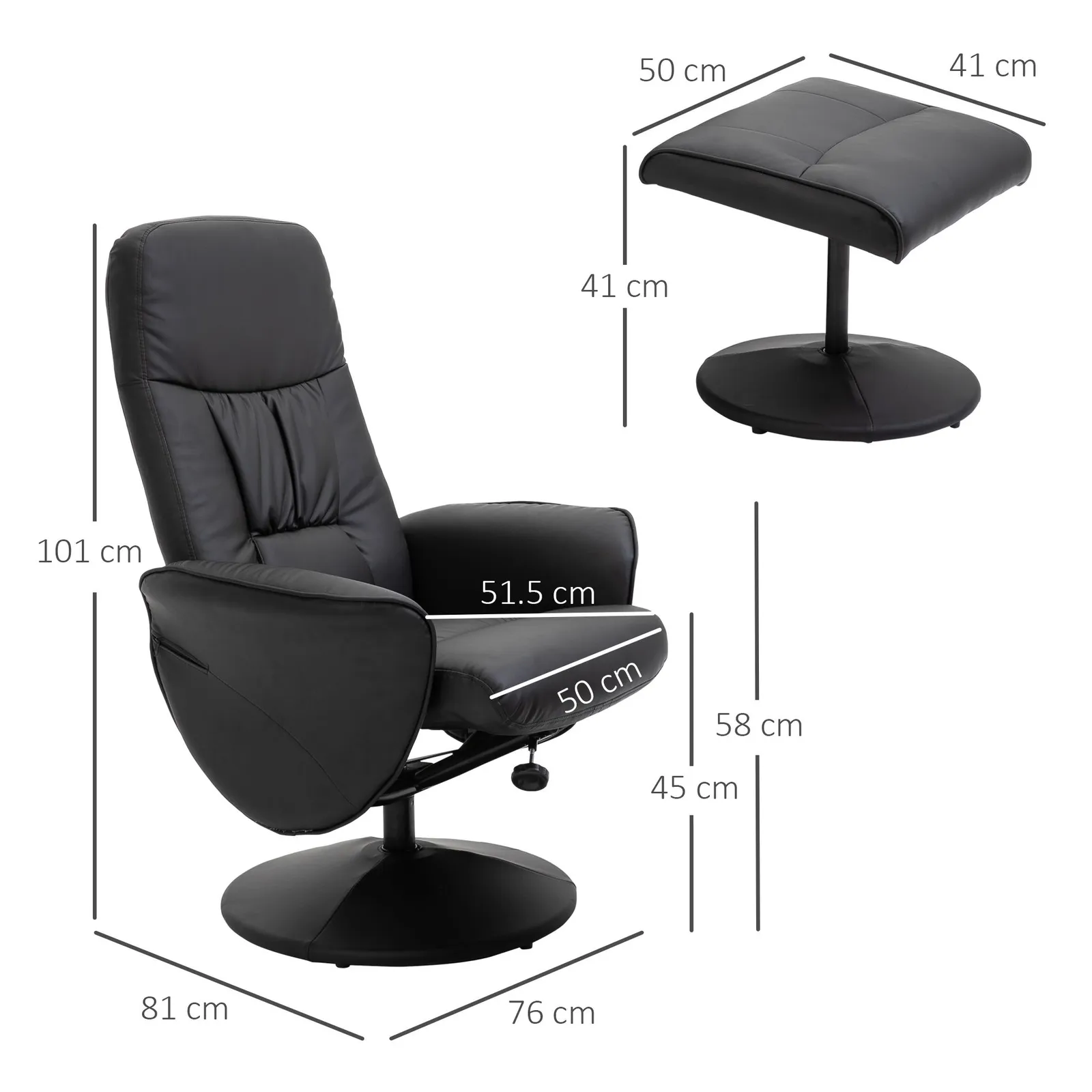 HOMCOM 2 Pcs Reclining Armchair Ottoman 360° Swivel Home Furniture PU Leather in Black 3