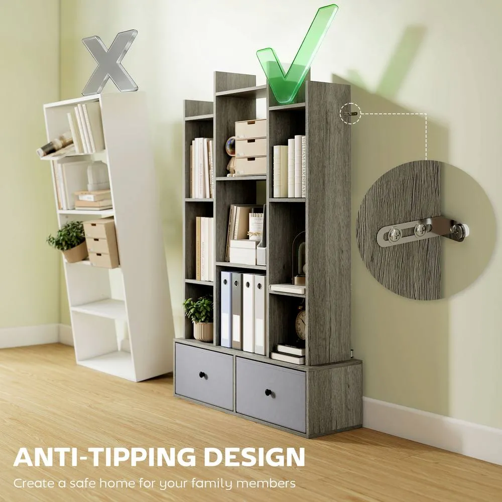 HOMCOM 12-Tier Bookshelf, Bookcase w/ 2 Folding Drawer, Graphite Wood Effect in Grey 5