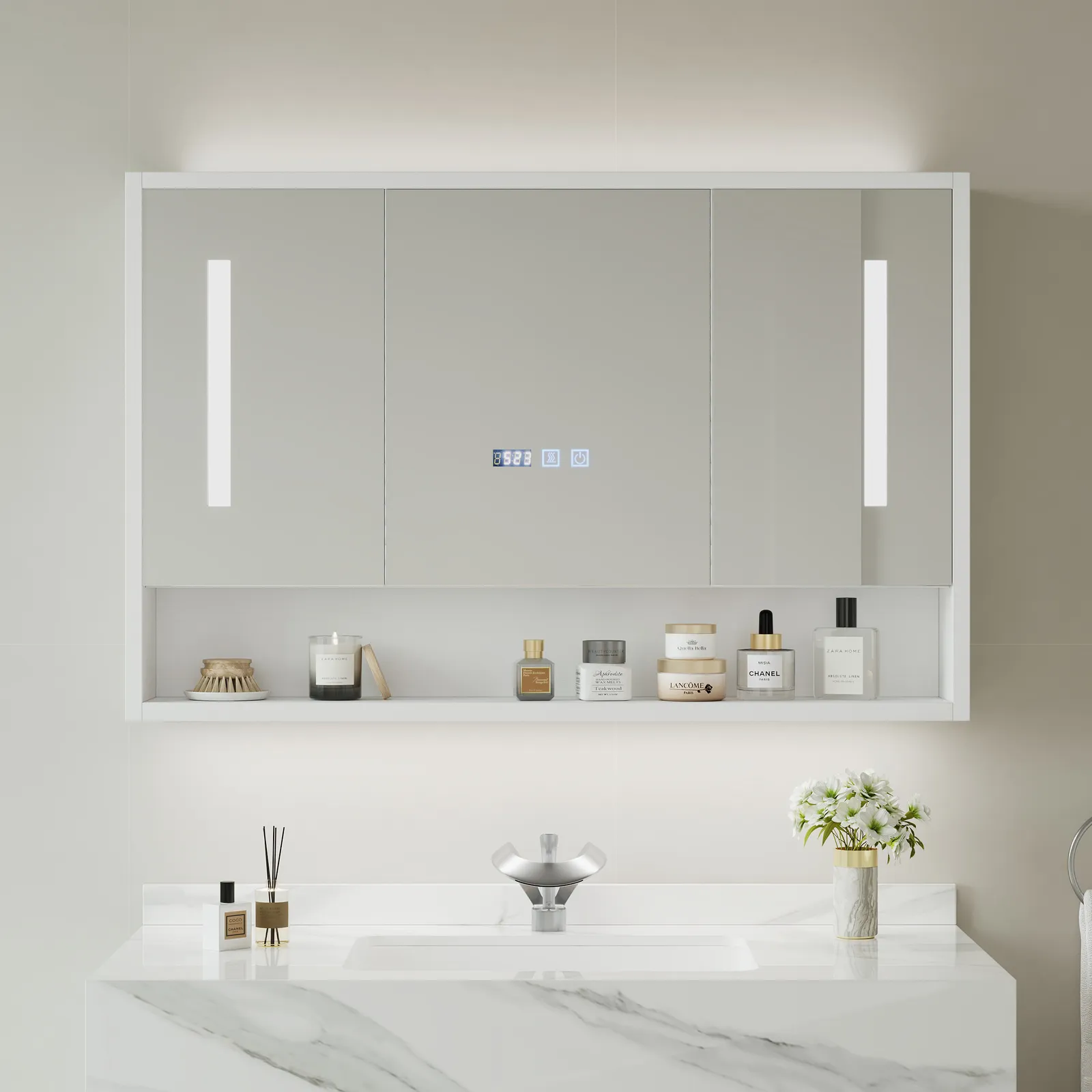 1000mm White LED Medicine Cabinet with Adjustable Lighting, Demister & Digital Clock