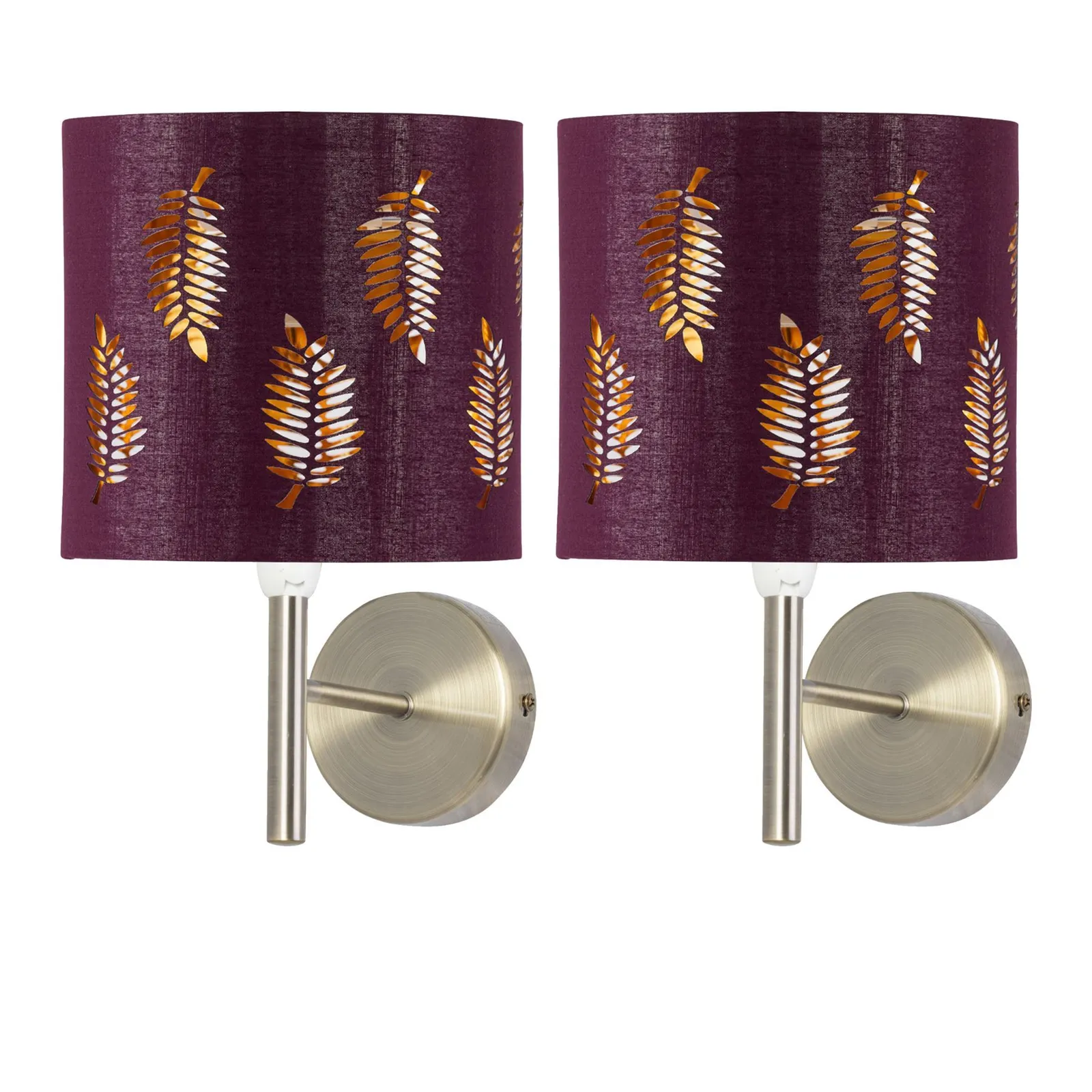 First Choice Lighting Set of 2 Brea - Antique Brass Wall Lights with Burgundy Fern Shades in Bronze