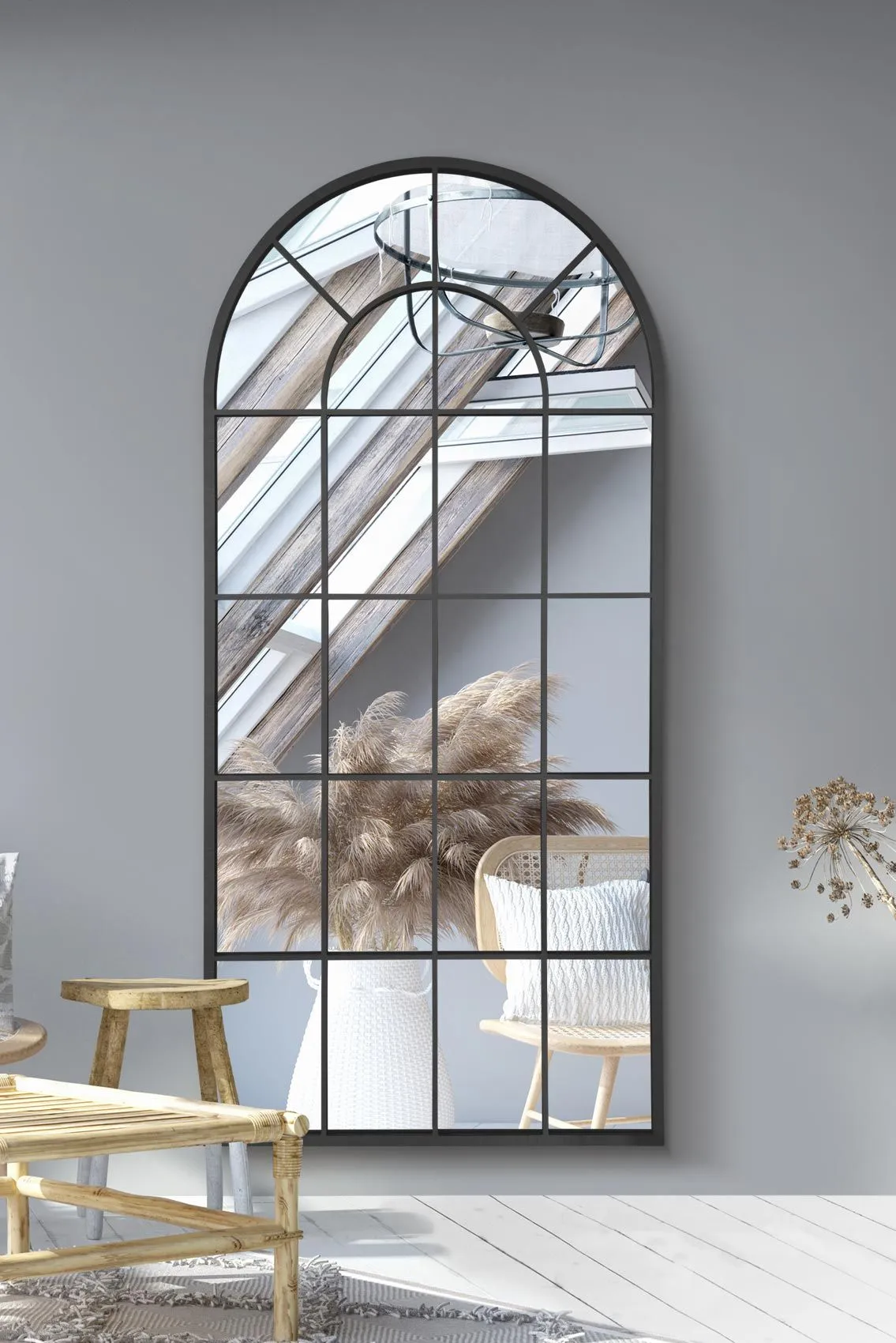 MirrorOutlet The Arcus - Black Framed Arched Window Leaner/Wall Mirror 71" X 33.5" (180x85CM)