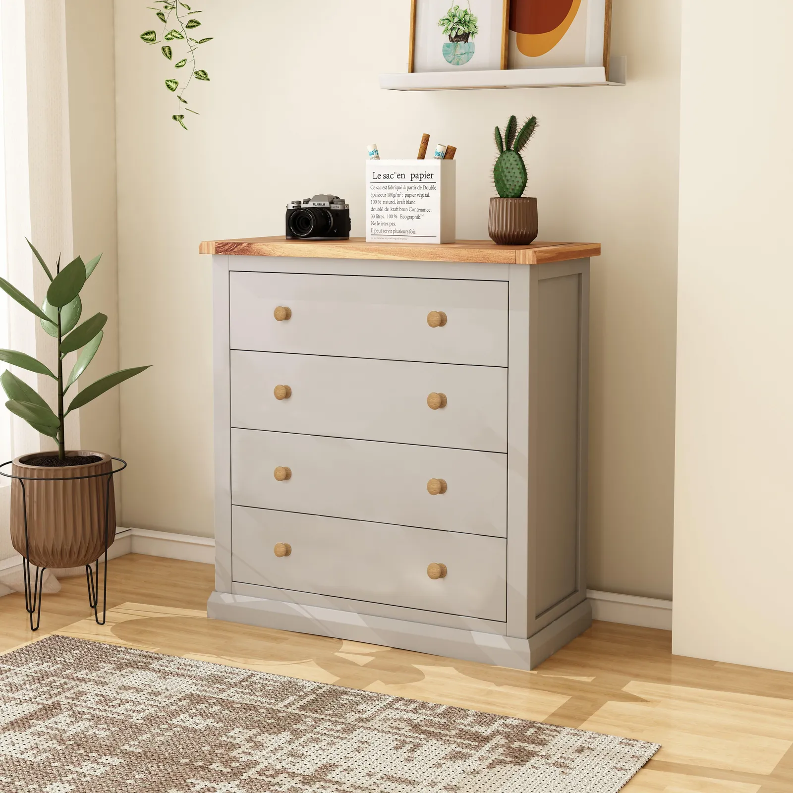 Cabinet Bits Loreo 4 Drawer Chest of Drawers Wood Knob in Light Grey