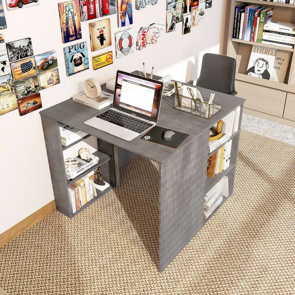 Costway Computer Desk 90cm Study Desk Wooden Writing Desk w/Bookshelf in Grey 4