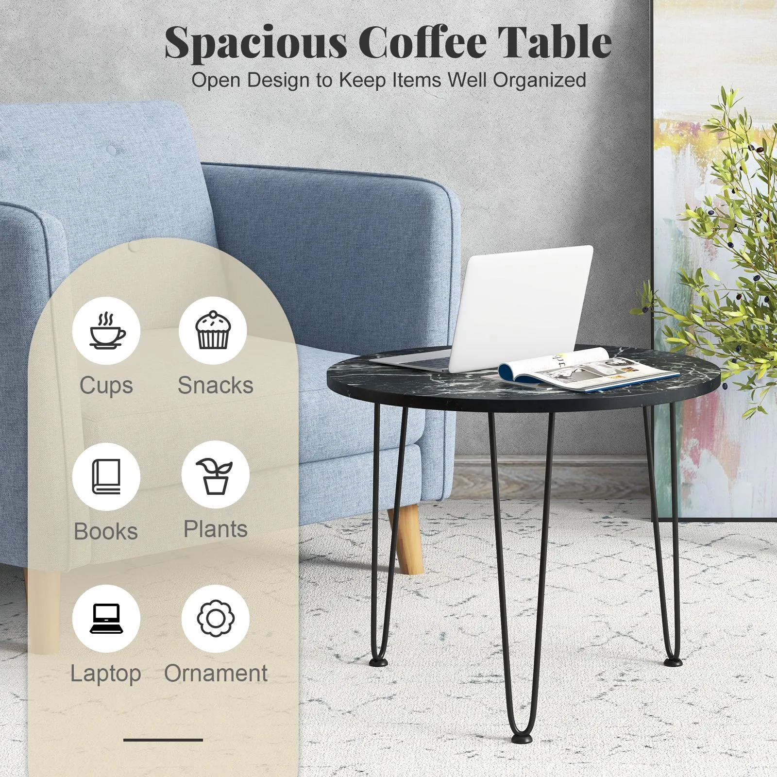 Costway Round Coffee Table Small Faux Marble Accent Table in Black 2