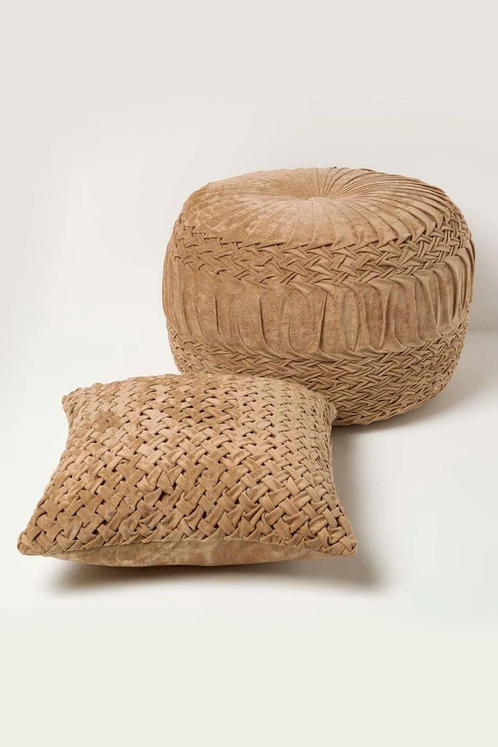 Homescapes Sofia Pleated Velvet Cushion in Taupe 6