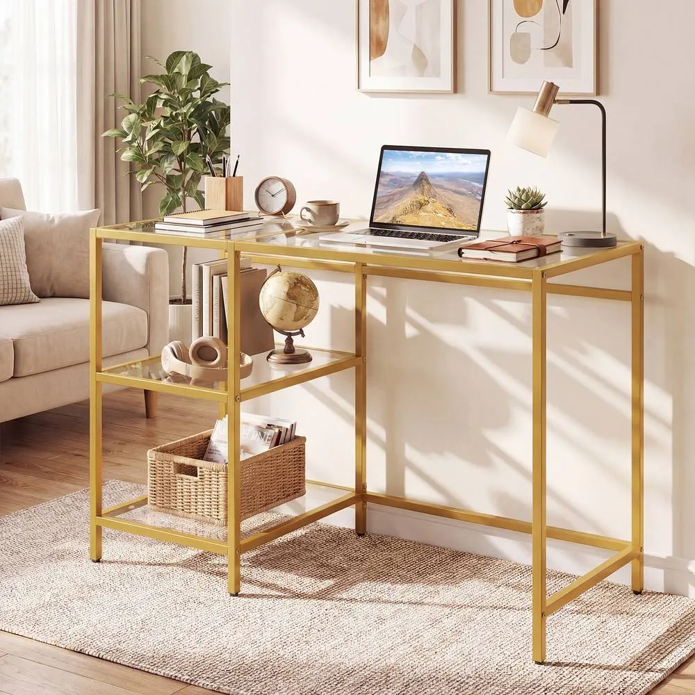 Costway Tempered Glass Computer Desk Modern Office Desk with Storage Shelves in Gold 5