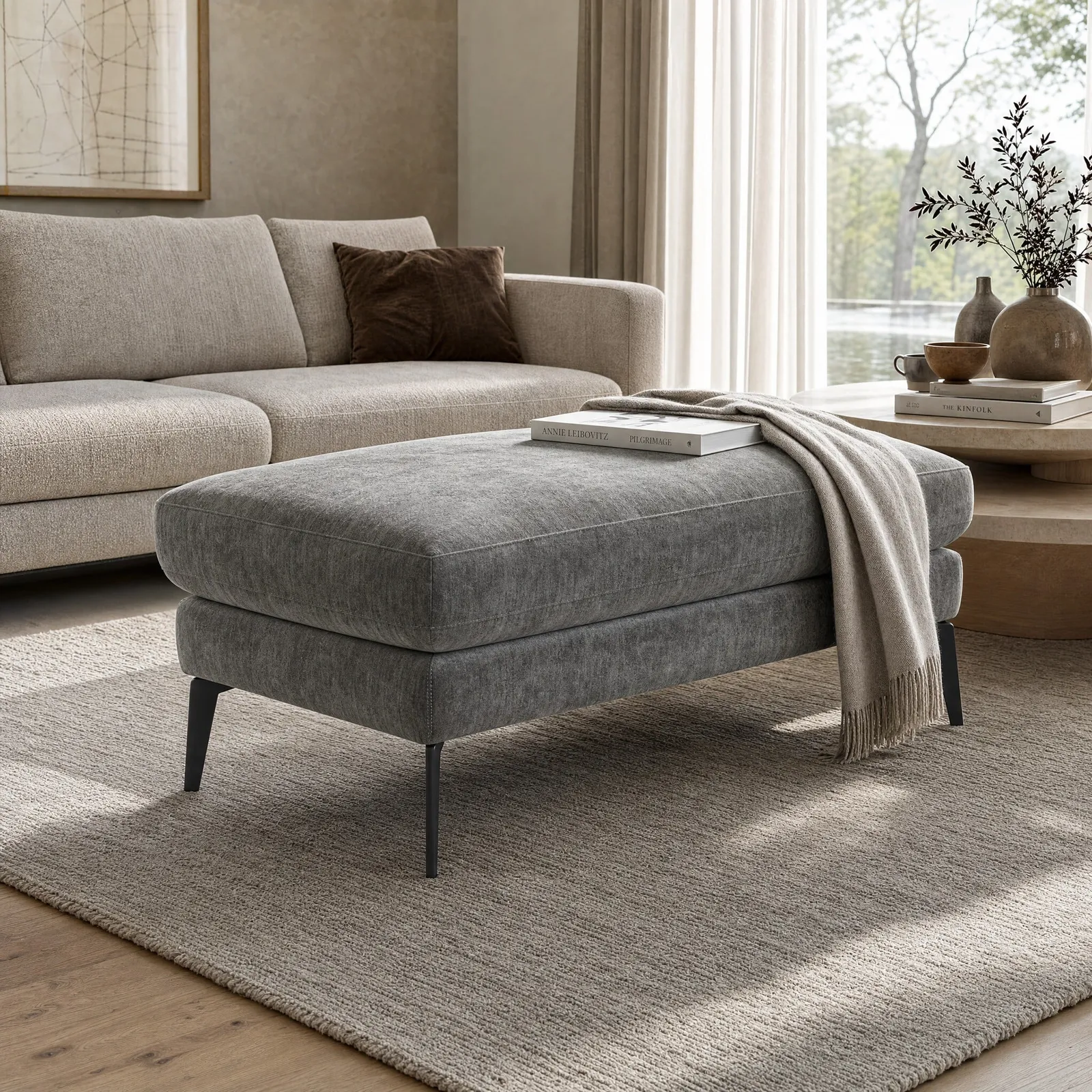 Zanuso Large Ottoman Footstool, Grey Fabric | Barker & Stonehouse 2