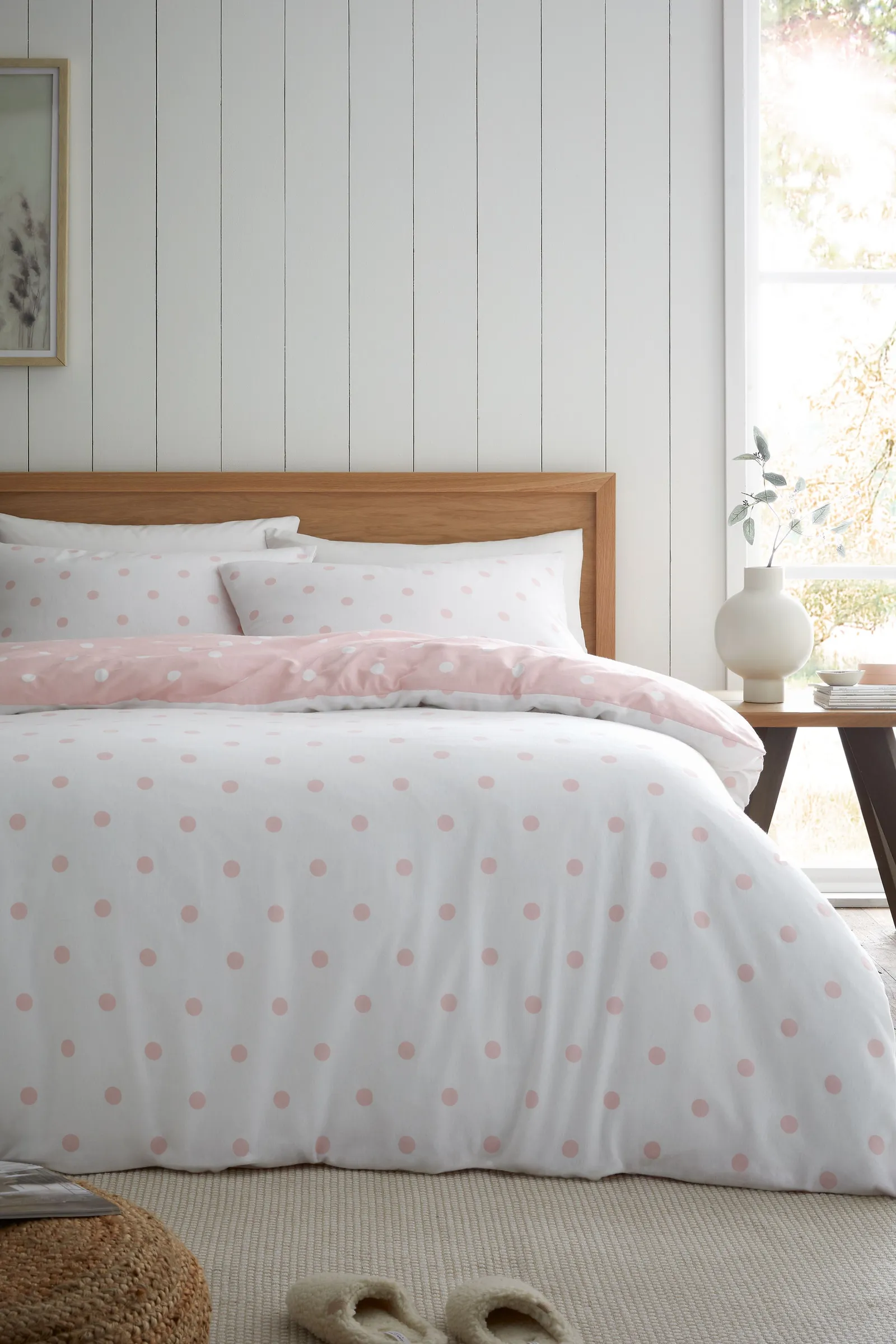 Catherine Lansfield 'Brushed Polka Dot' Cotton Reversible Duvet Cover Set in Pink 2