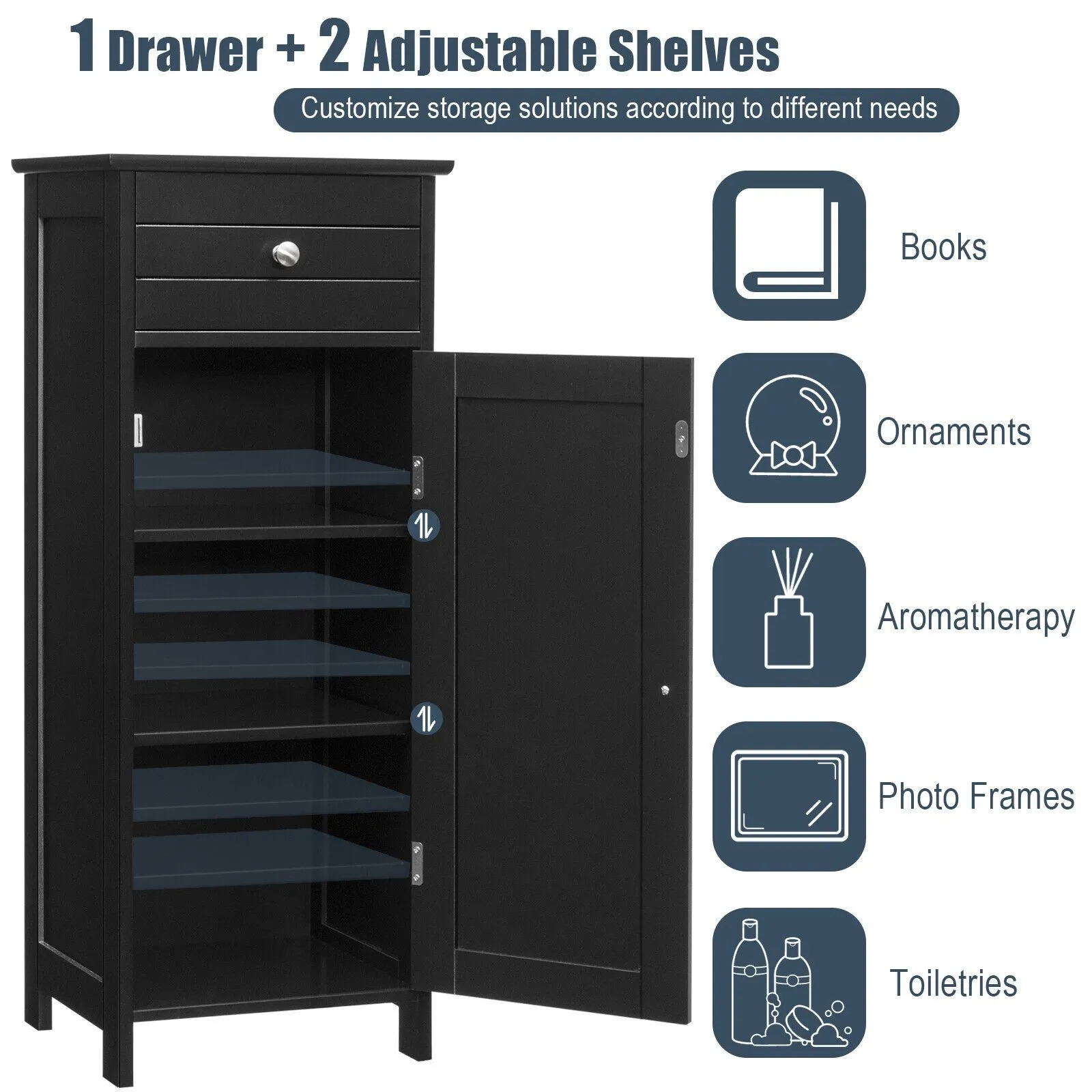 Costway Bathroom Wooden Storage Cabinet Floor Standing Cupboard w/ Single Door & Drawer in Black 5