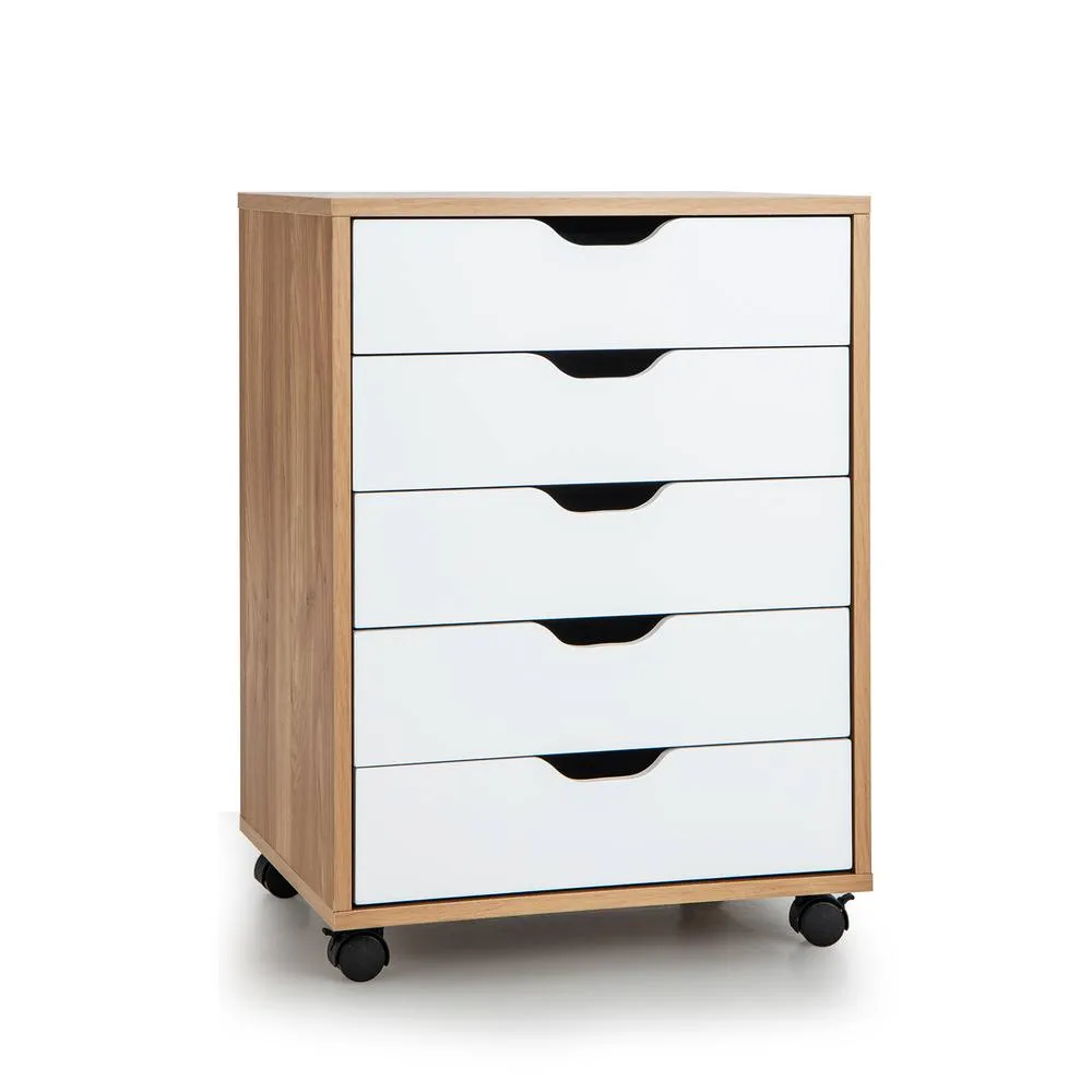 Costway 5 Drawer Rolling Storage Cabinet Mobile Chest of Drawers Wooden Dresser Organizer Coffee in Natural