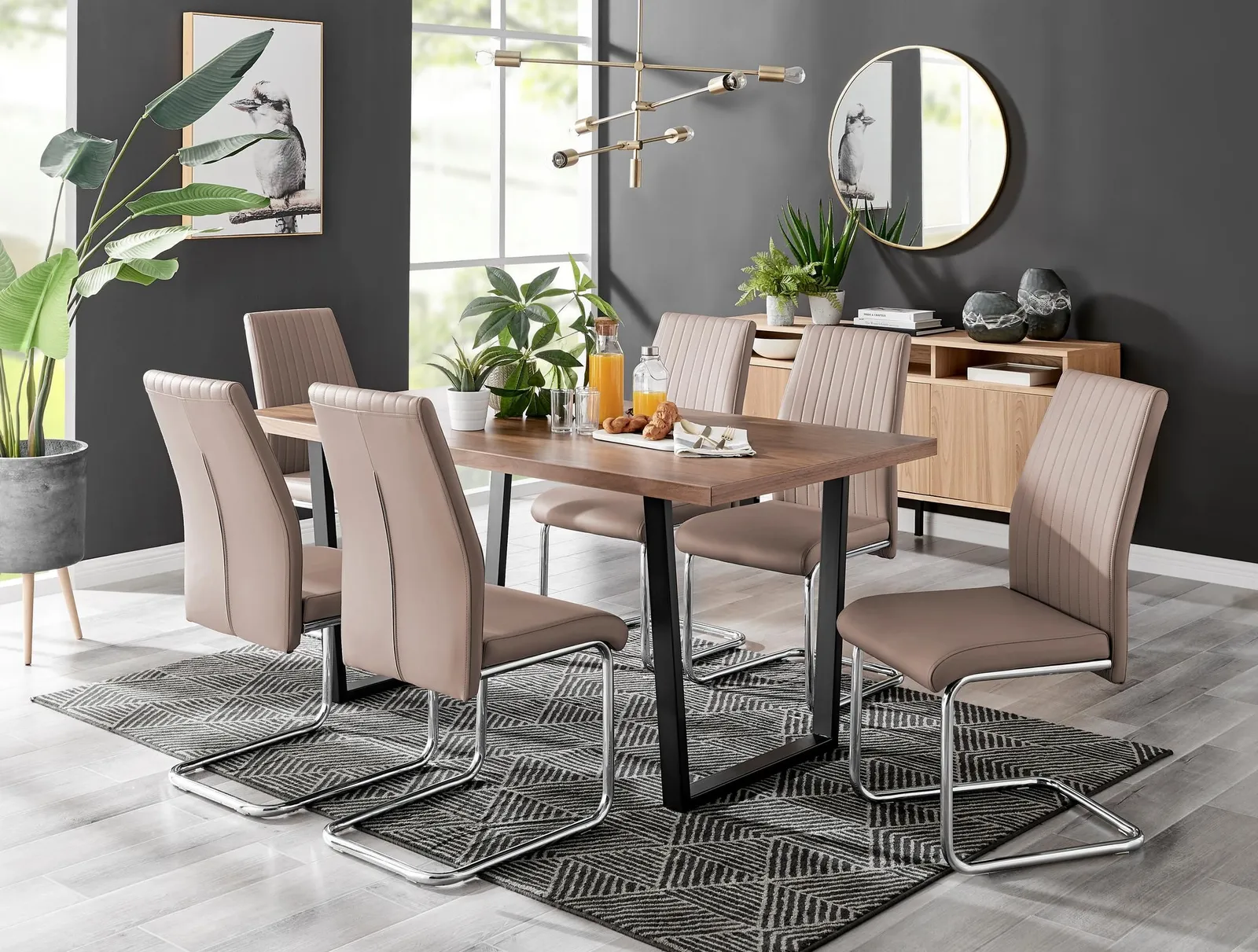 FurnitureboxUK Kylo Large Brown Wood Effect Dining Table & 6 Lorenzo Faux Leather Chairs in Beige 1