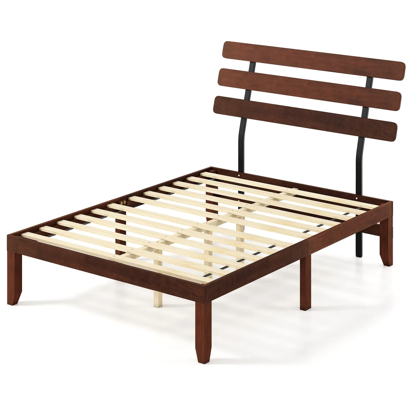 Costway Double Size Bed Frame Solid Wood Platform Bed w/ Headboard in Walnut