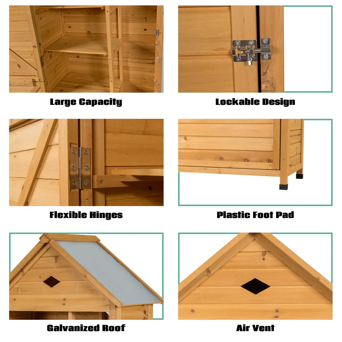 Costway Outdoor Storage Shed Lockable Wooden Garden Tool Storage Cabinet Waterproof Tool Hutch Organizer in Natural 4