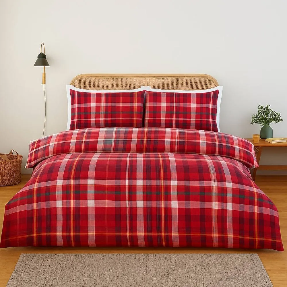 Rapport Home Regalia Check Microfibre Complete Duvet Cover Set with Fitted Sheet in Red 1