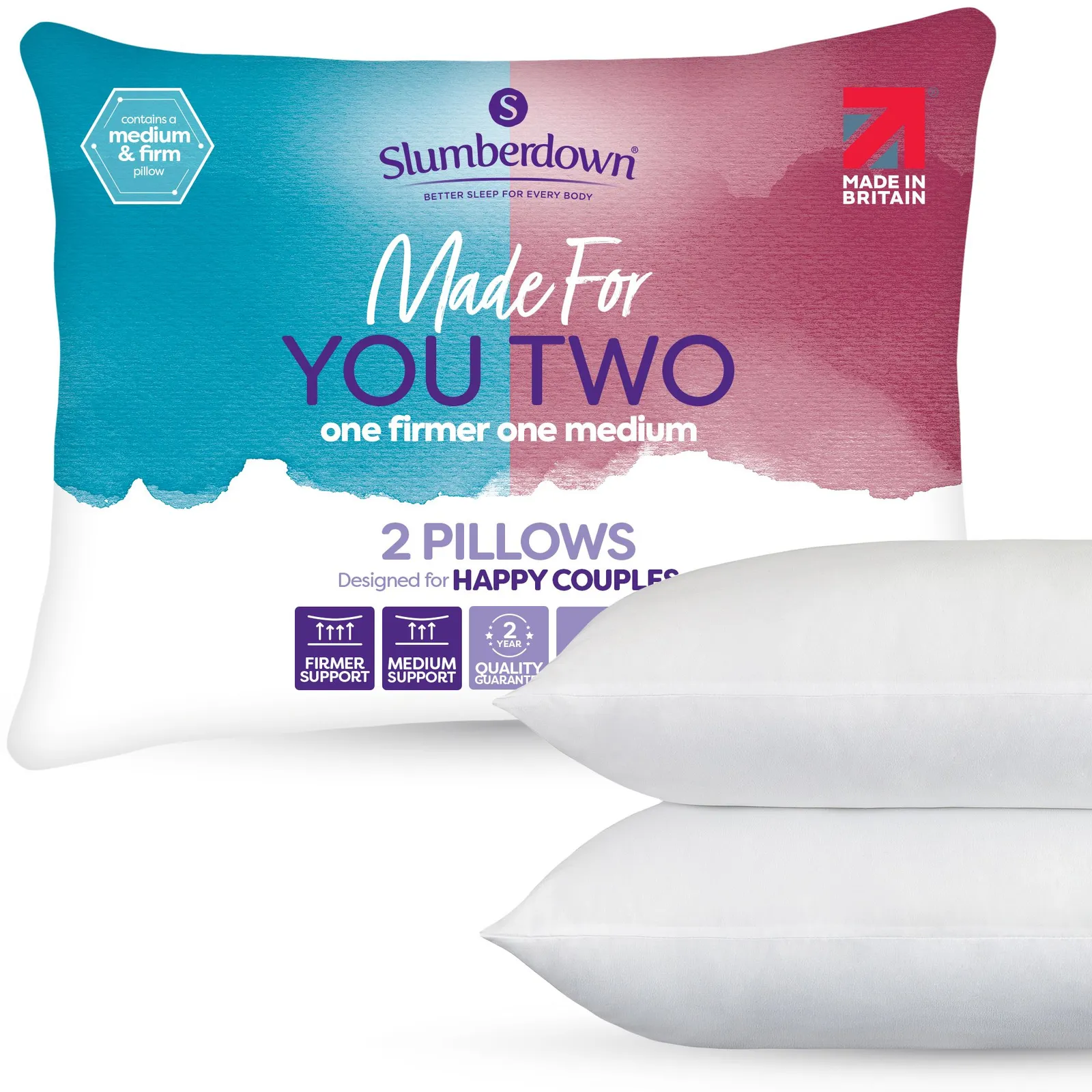 Slumberdown 2 Pack Made For You Two Medium & Firm Support Pillows in White