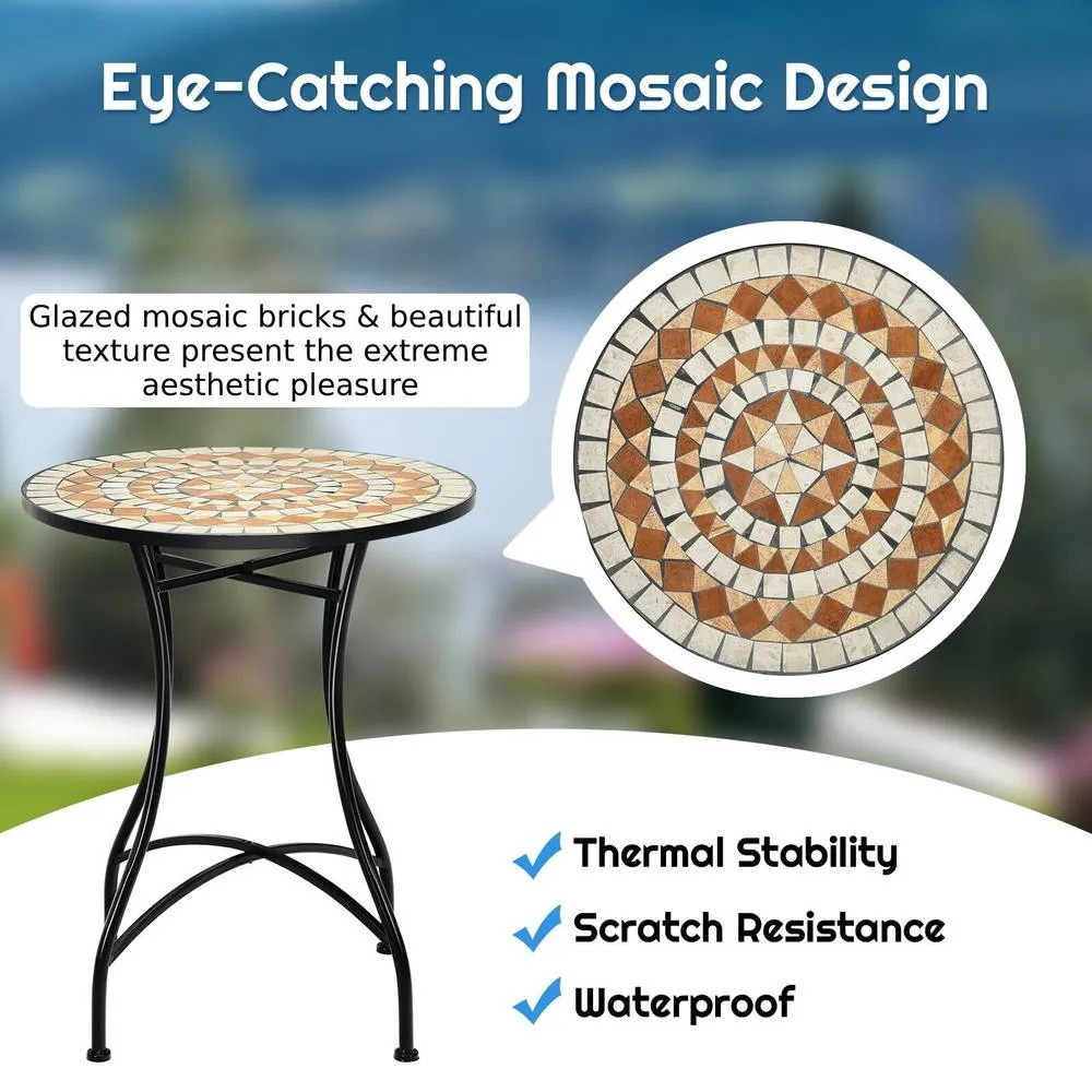 Costway Round Table with Iron Frame & Retro Mosaic Tabletop in Black 5