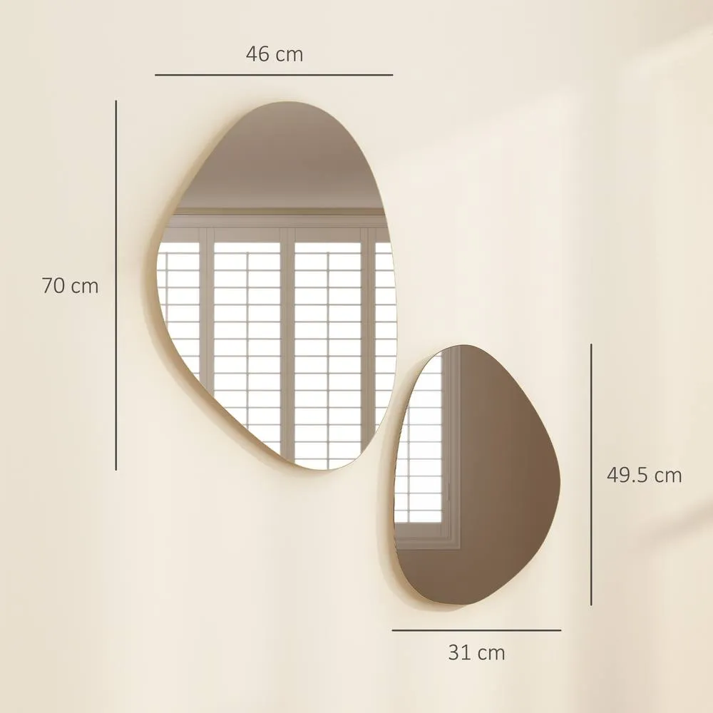 HOMCOM Pebble-Shaped Decorative Mirror, Set of 2 Wall Mirror in Gold 3