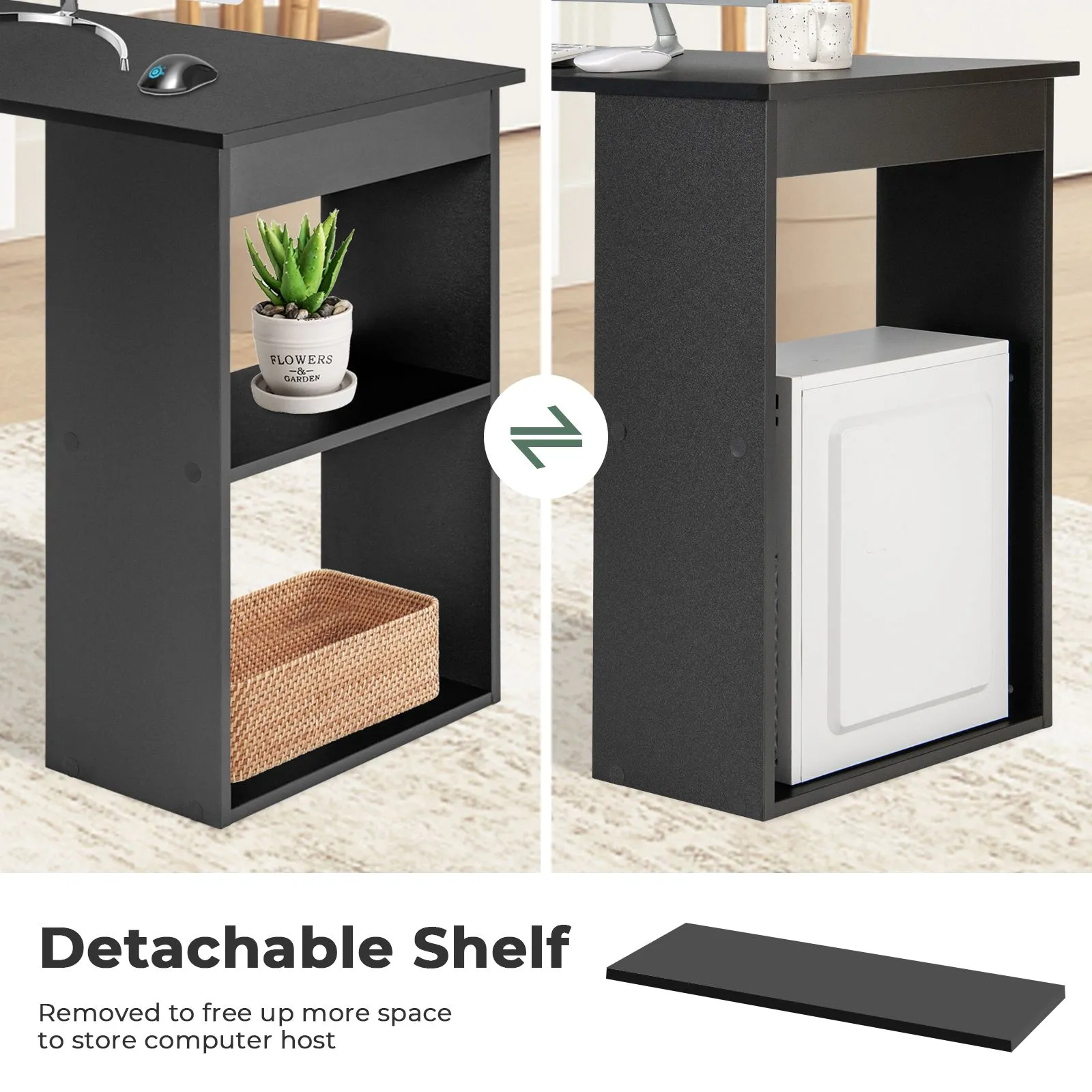 Costway Desk Wooden PC Laptop Table Writing Workstation 6-Tier Storage Shelves in Black 6