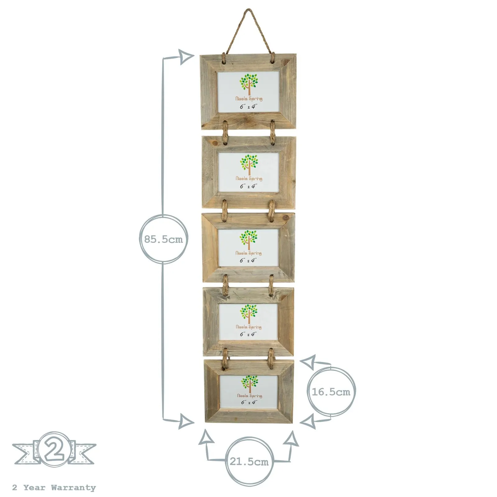 Nicola Spring Rustic Wooden Hanging 5 Photo Frame - 6 X 4" - Natural, Brown 3