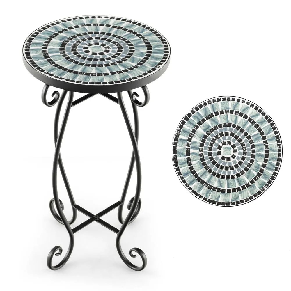 Costway Mosaic Outdoor Side Table Round End Table with Tile Tabletop in Black