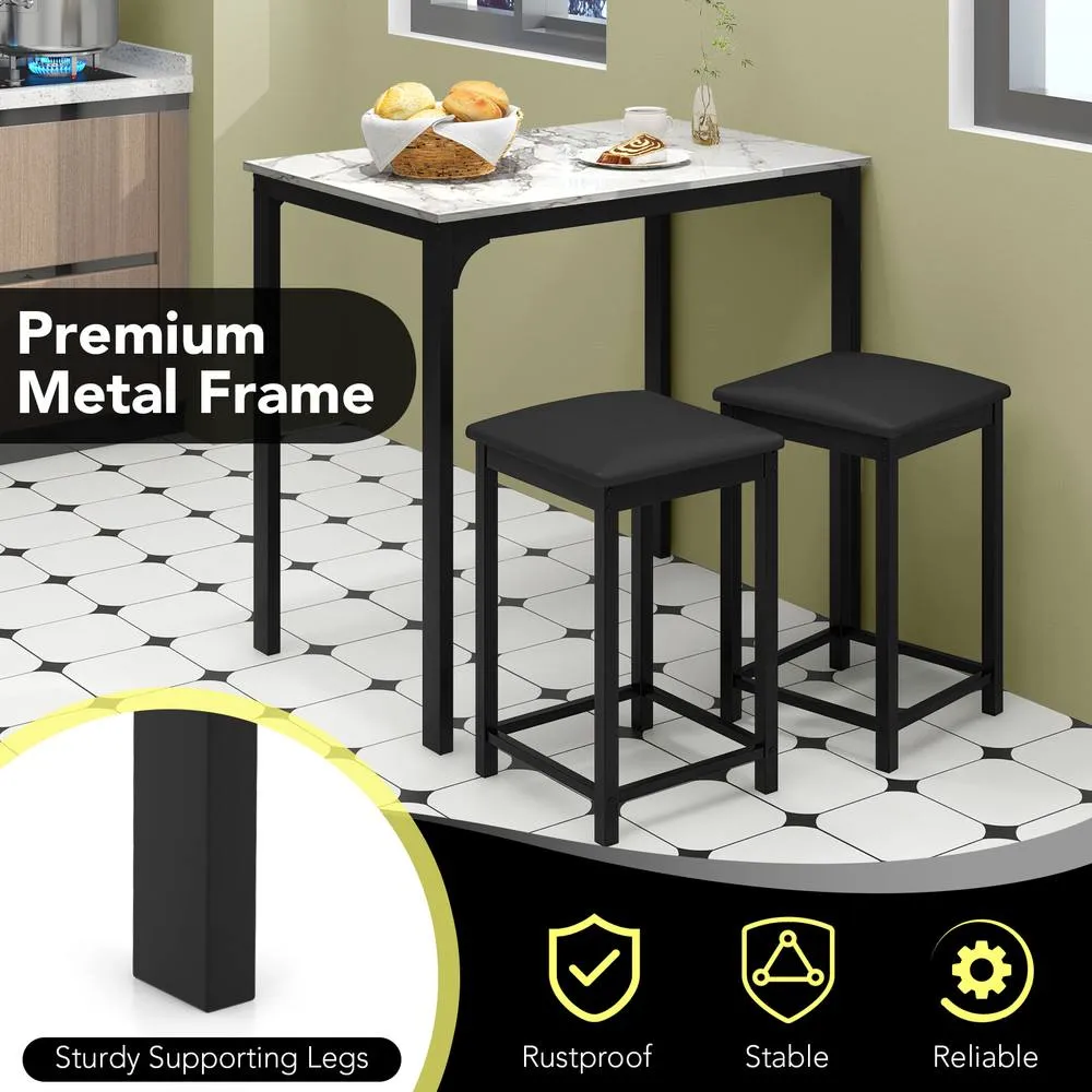 Costway 3 Piece Dining Table Set Modern Bar Table with 2 Upholstered Bar Stools in White 6