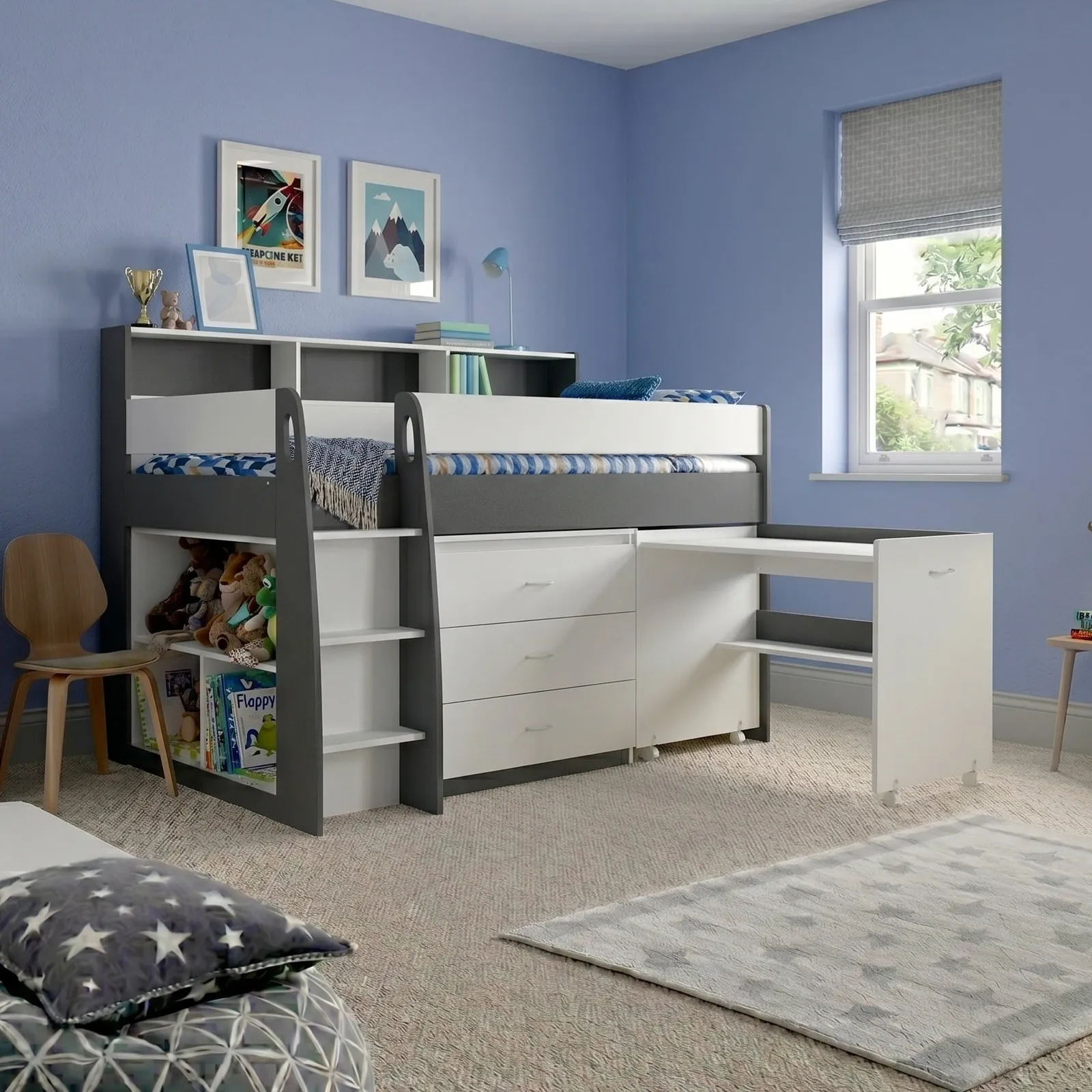 Ersa - Single - Kids Mid Sleeper Bed Bed - Storage and Desk - Grey and White - Wooden - 3ft - Happy Beds 1