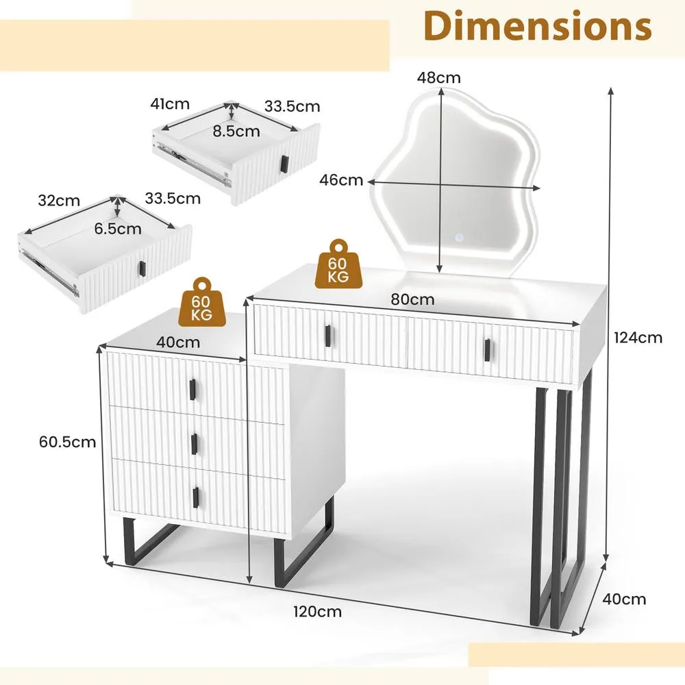Costway Modern Dressing Table w/Mirror & Lights in White 2