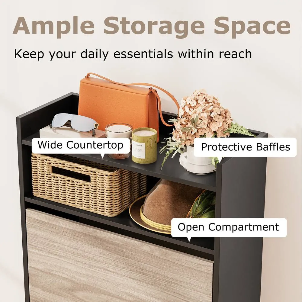 Costway Slim Hidden Narrow Shoe Organizer Cabinet with Open Storage-Black in Black 2