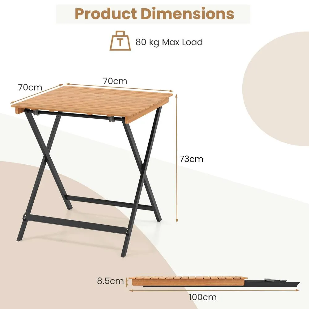 Costway 70CM Patio Folding Table Acacia Wood Square Table in Khaki 2
