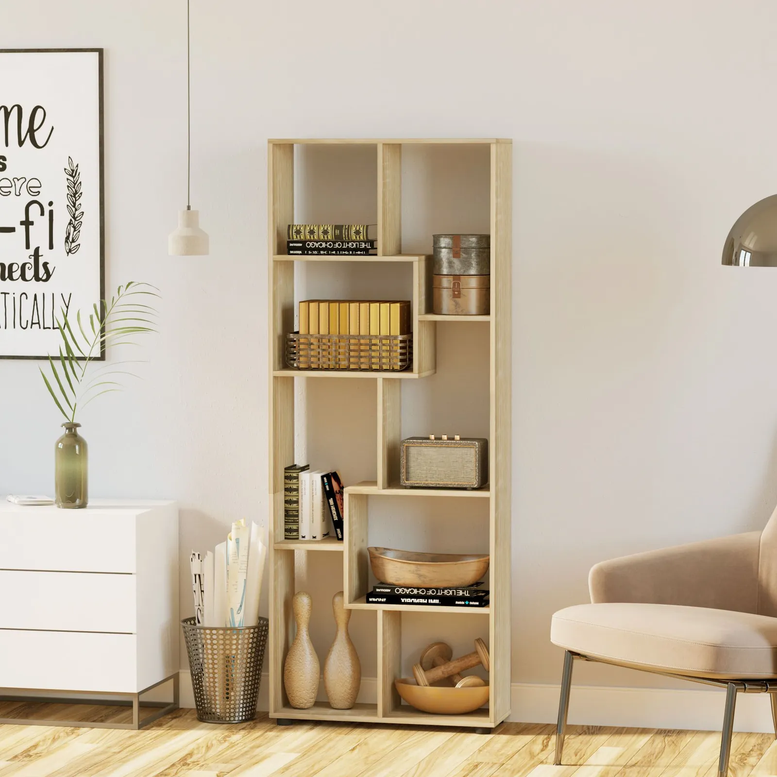 HOMCOM 7-Tier Bookshelf w/ Melamine Surface Foot Pads Anti-Tipping for Home in Beige