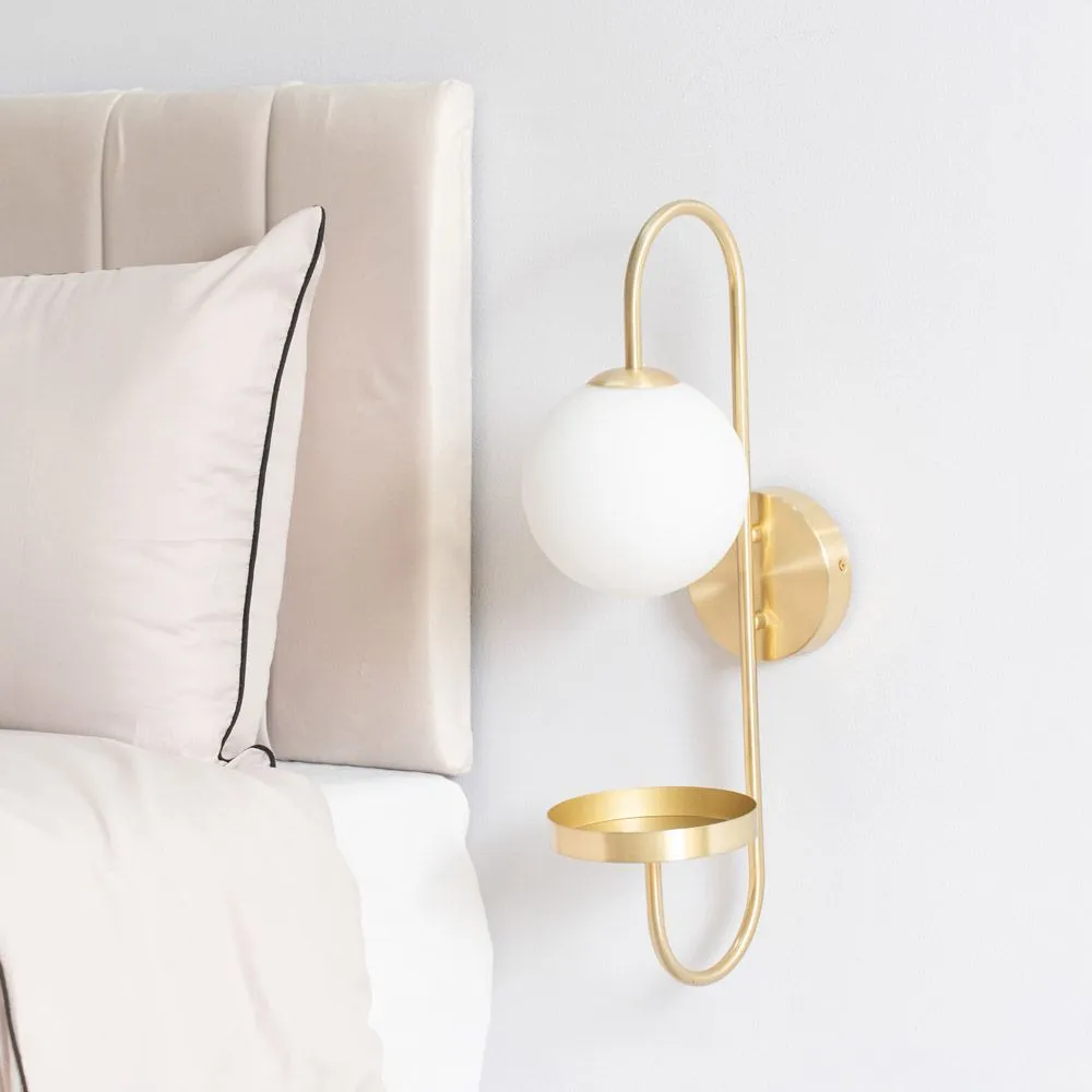 ValueLights Milo Frosted Glass Globe Shade Curved Wall Light with Shelf & LED Bulb in Gold 3