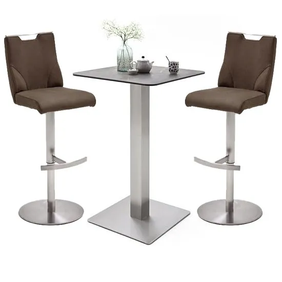 Soho Glass Bar Table With 2 Jiulia Brown Leather Stools