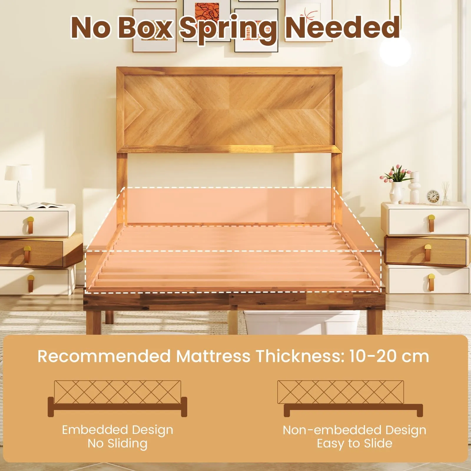 Costway Single Size Bed Frame Acacia Wood Platform Bed w/Headboard in Natural 4