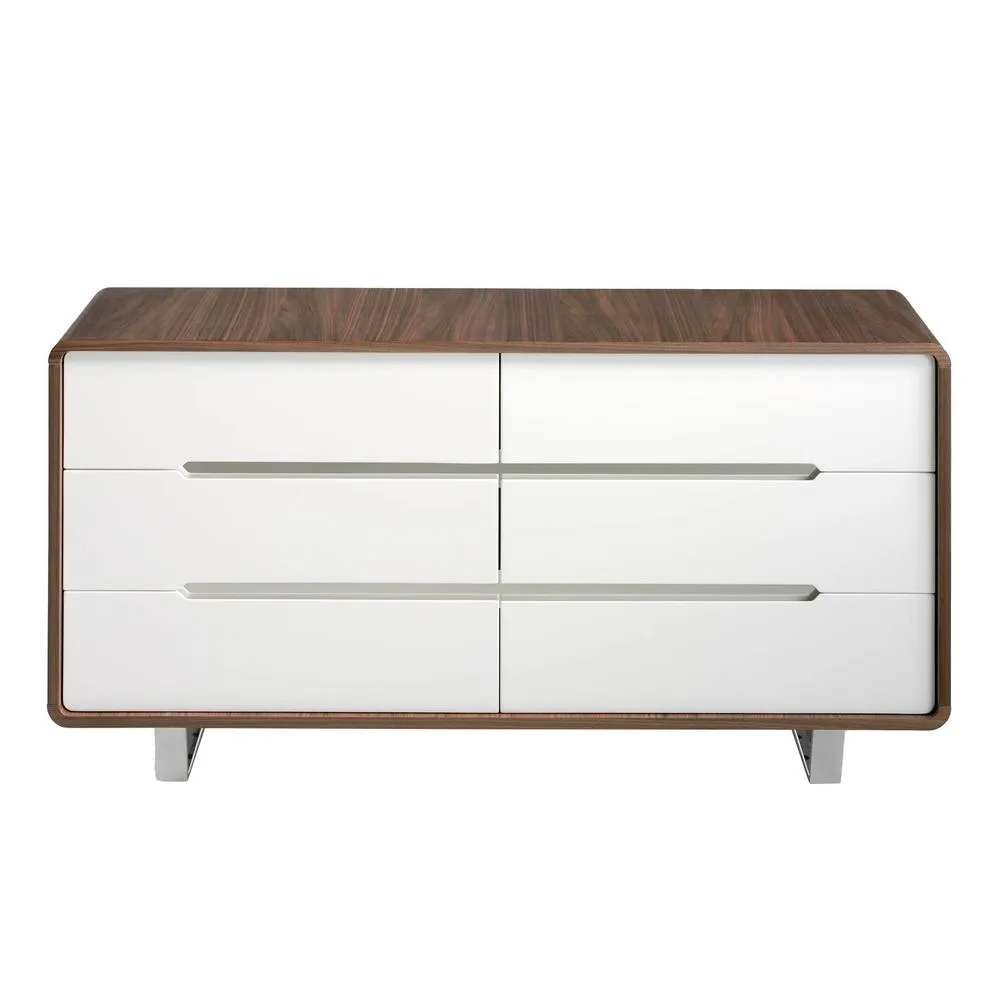 Angel Cerda 6-Drawer Chest Walnut Veneer, White MDF & Chrome Legs in Brown 2