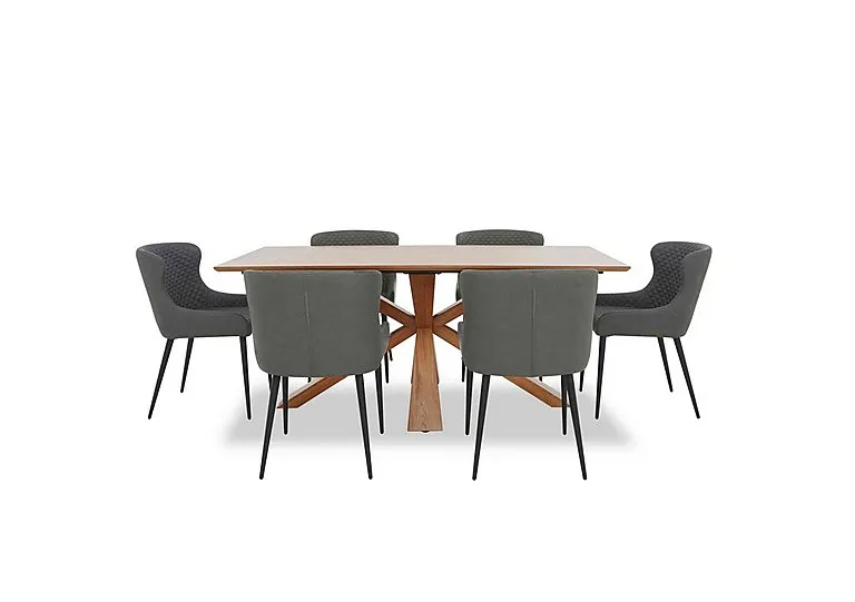 Hanoi Fixed Table with Wooden Base and 6 Faux Leather Dining Chairs - Slate Grey