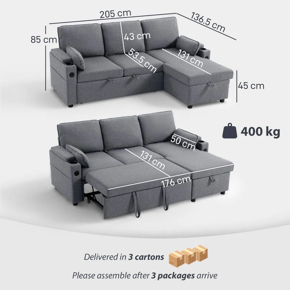 HOMCOM Corner Sofa Bed, L Shaped Sofa with Storage Chaise, USB Ports in Grey 3
