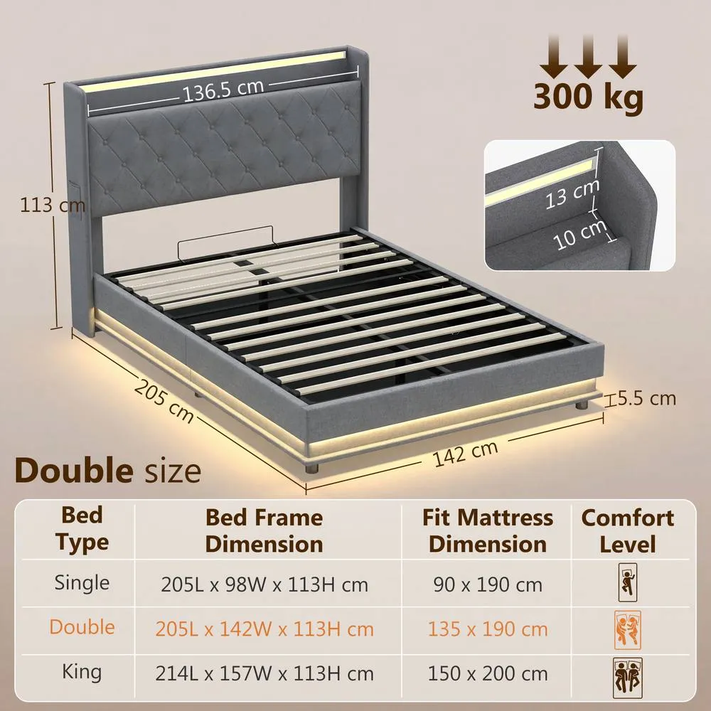 HOMCOM Lift up Storage Bed Frame with RGB LED Lights, 135 x 190cm, Dark Grey 3