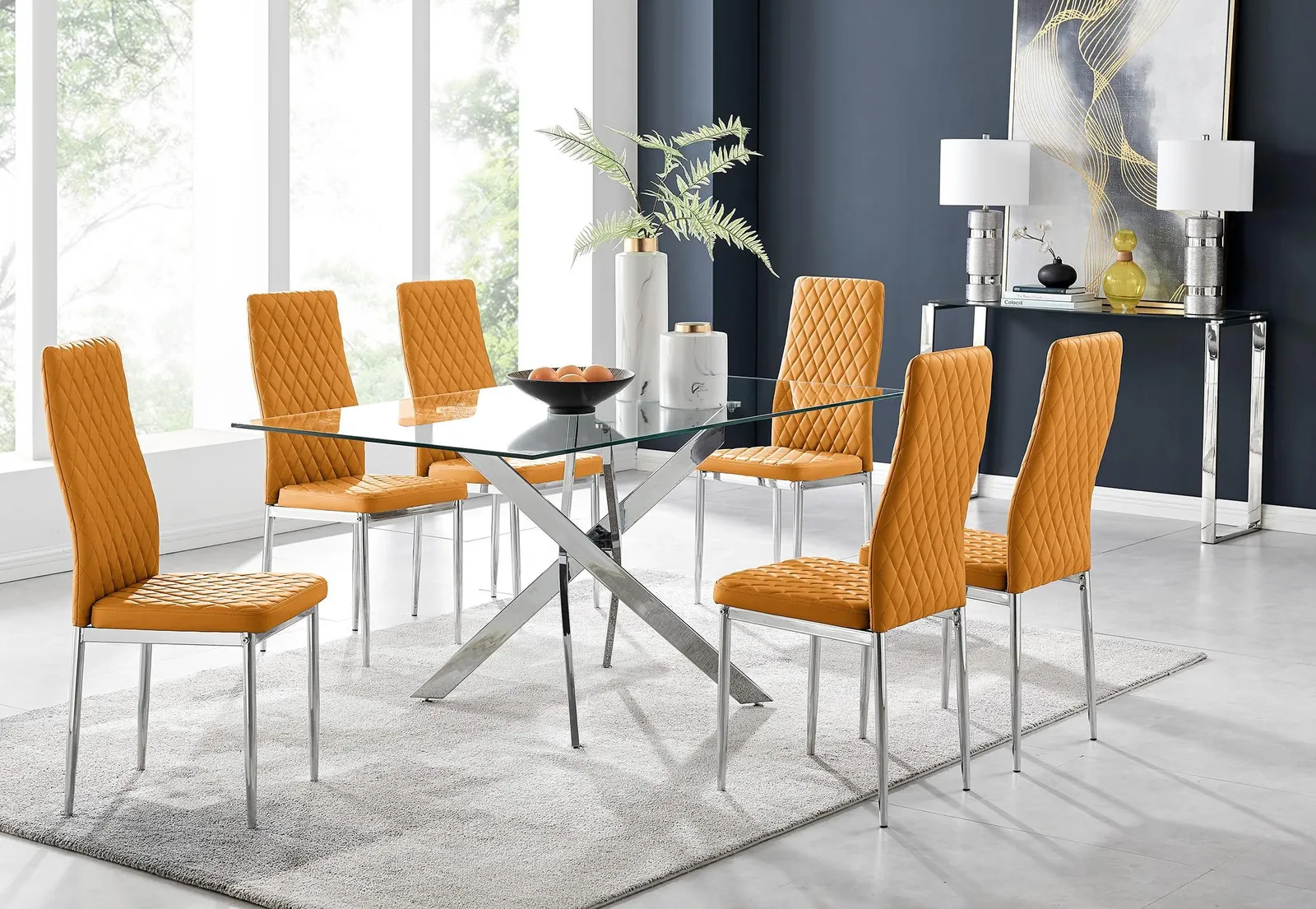FurnitureboxUK Leonardo Glass & Chrome Metal Dining Table & 6 Milan Chairs Dining Set in Mustard 1