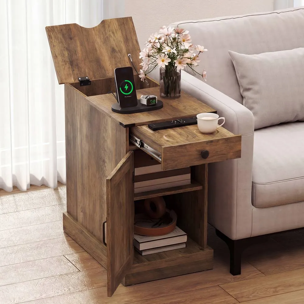 Costway Narrow Wooden Nightstand with Power Outlets in Brown 3