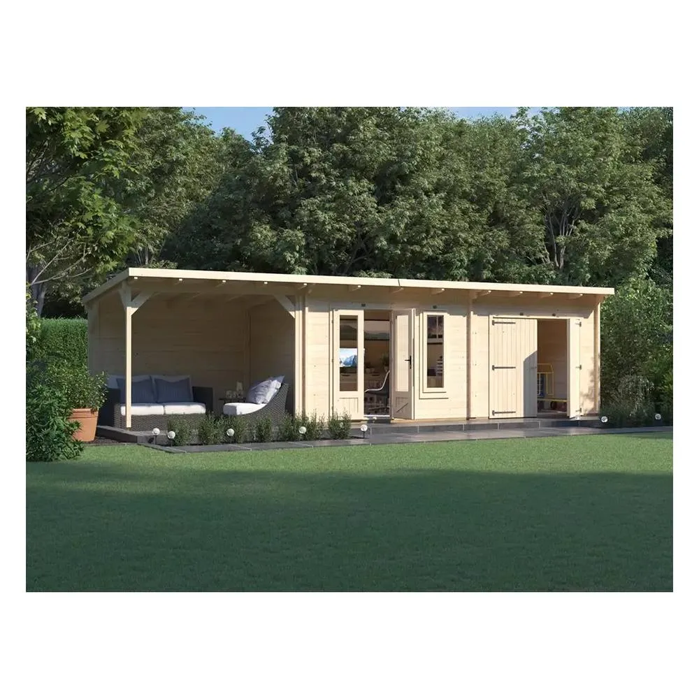 Dunster House Wooden Log Cabin With Gazebo 9.5m x 2.5m, EvilGenius in Beige 2