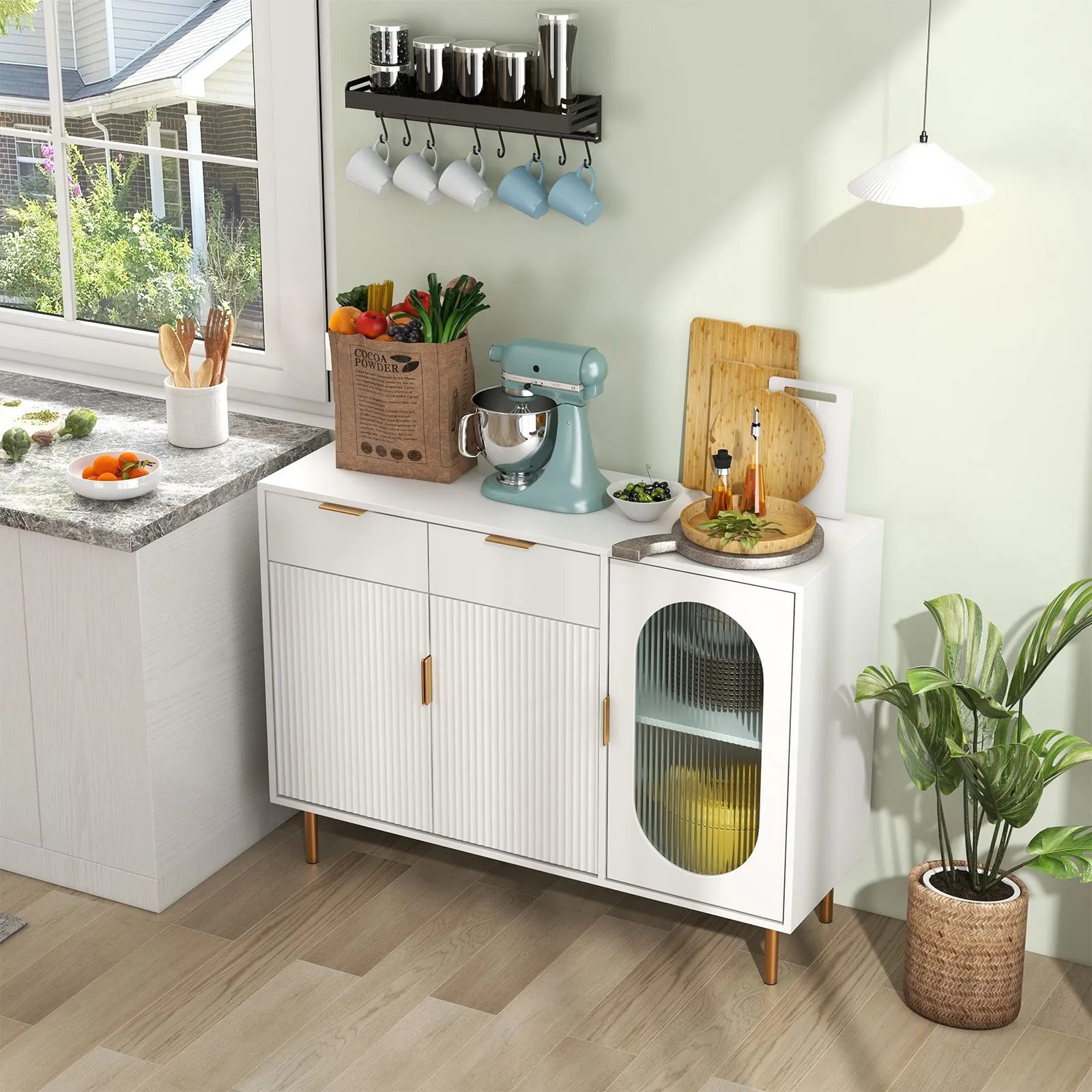 Costway Kitchen Storage Sideboard Dining Buffet Server Cabinet Cupboard With 2 Drawers in White 6