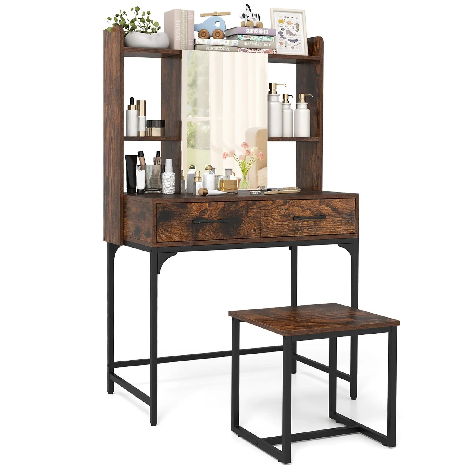 Costway Vanity Desk Wide Makeup Dressing Table with Power Outlets in Brown 1