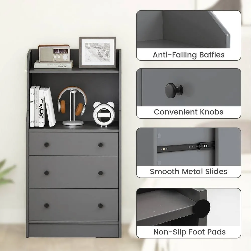 Costway 3-Drawer Dresser Storage Organizer with Shelves-Grey in Grey 3