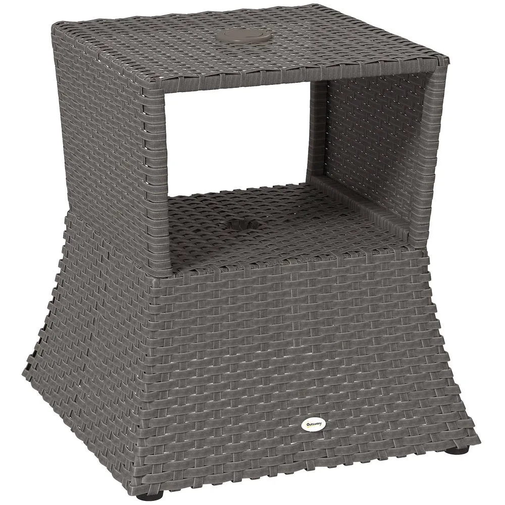 OUTSUNNY Rattan Wicker Tea Coffee Table w/ Umbrella Hole Dark Grey 2