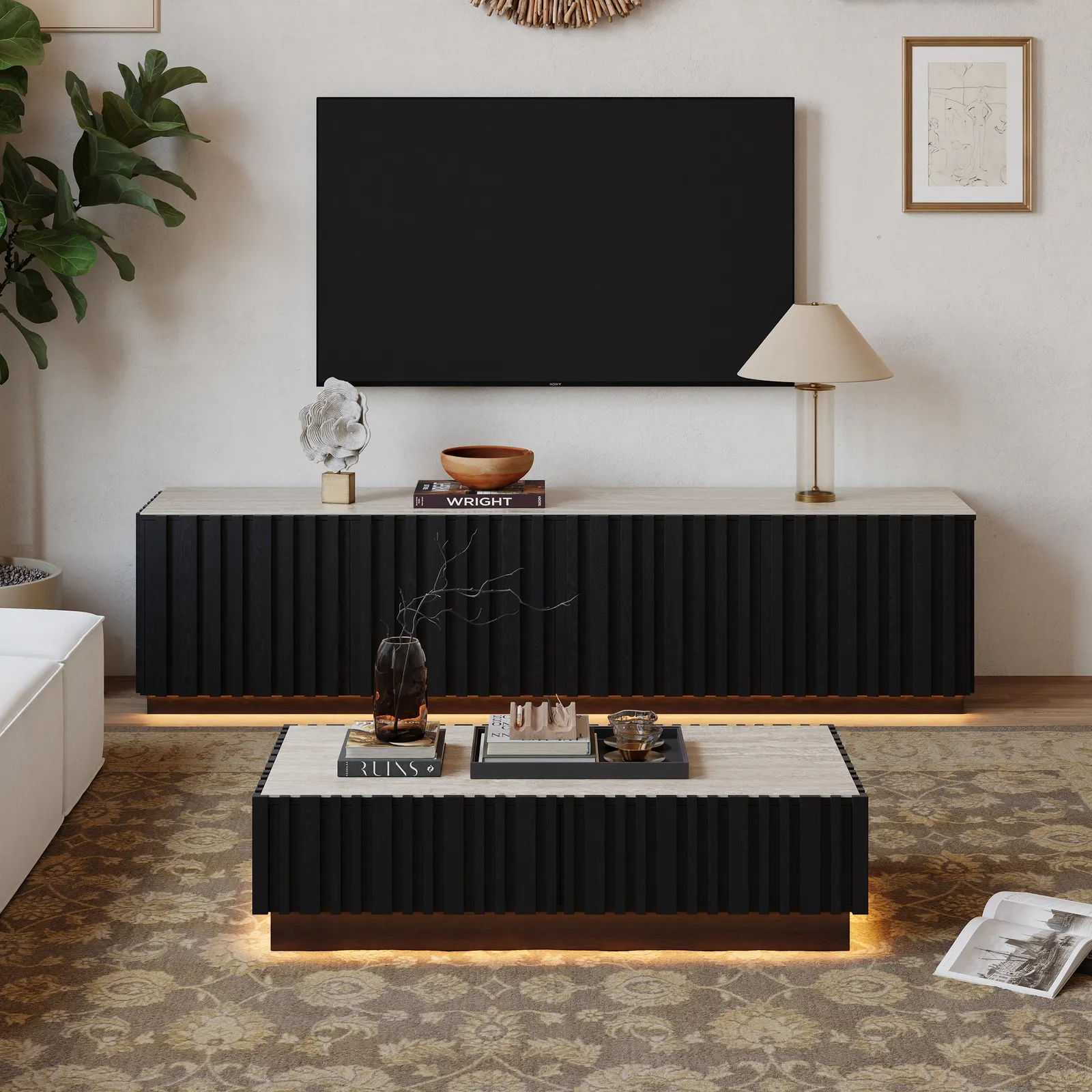 Aura TV Stand Set of Ash Wood Slatted TV Stand & Coffee Table with Sintered Stone Top