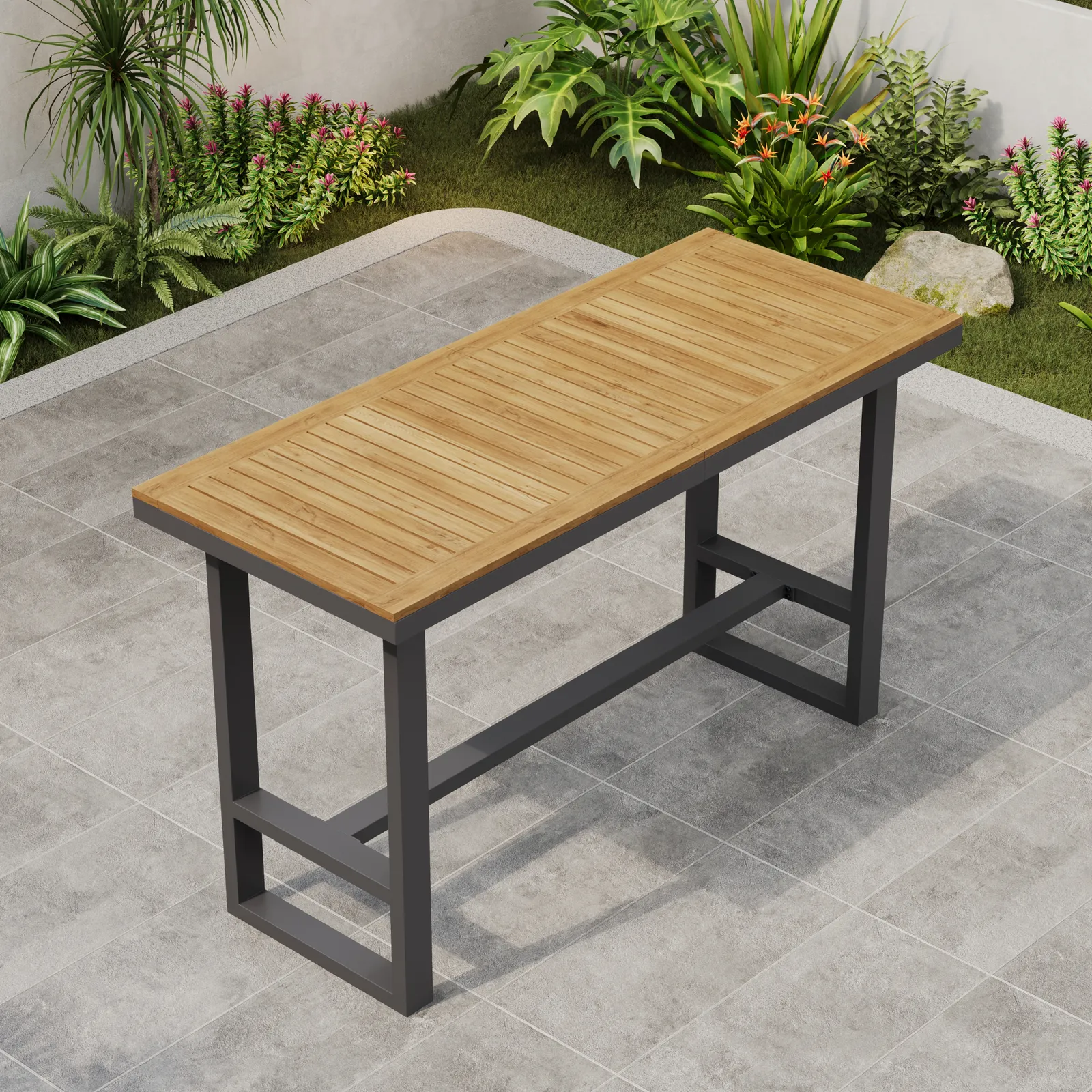 Tevara Outdoor Teak Wood Slat Top & Dark Grey Aluminium Frame Bar Table for Patio