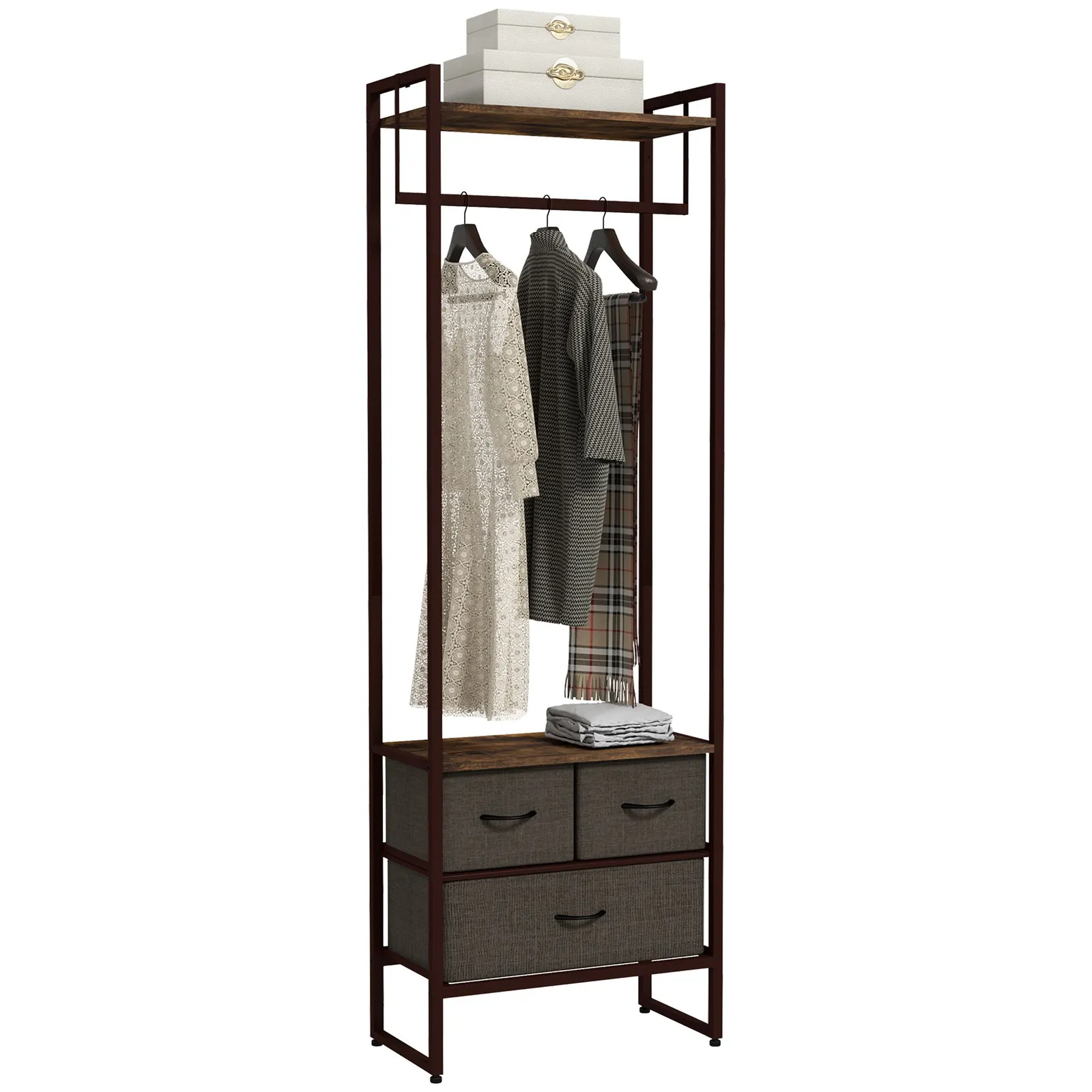 HOMCOM Free Standing Clothes Rail Garment Rack with 3 Fabric Drawers in Brown 2