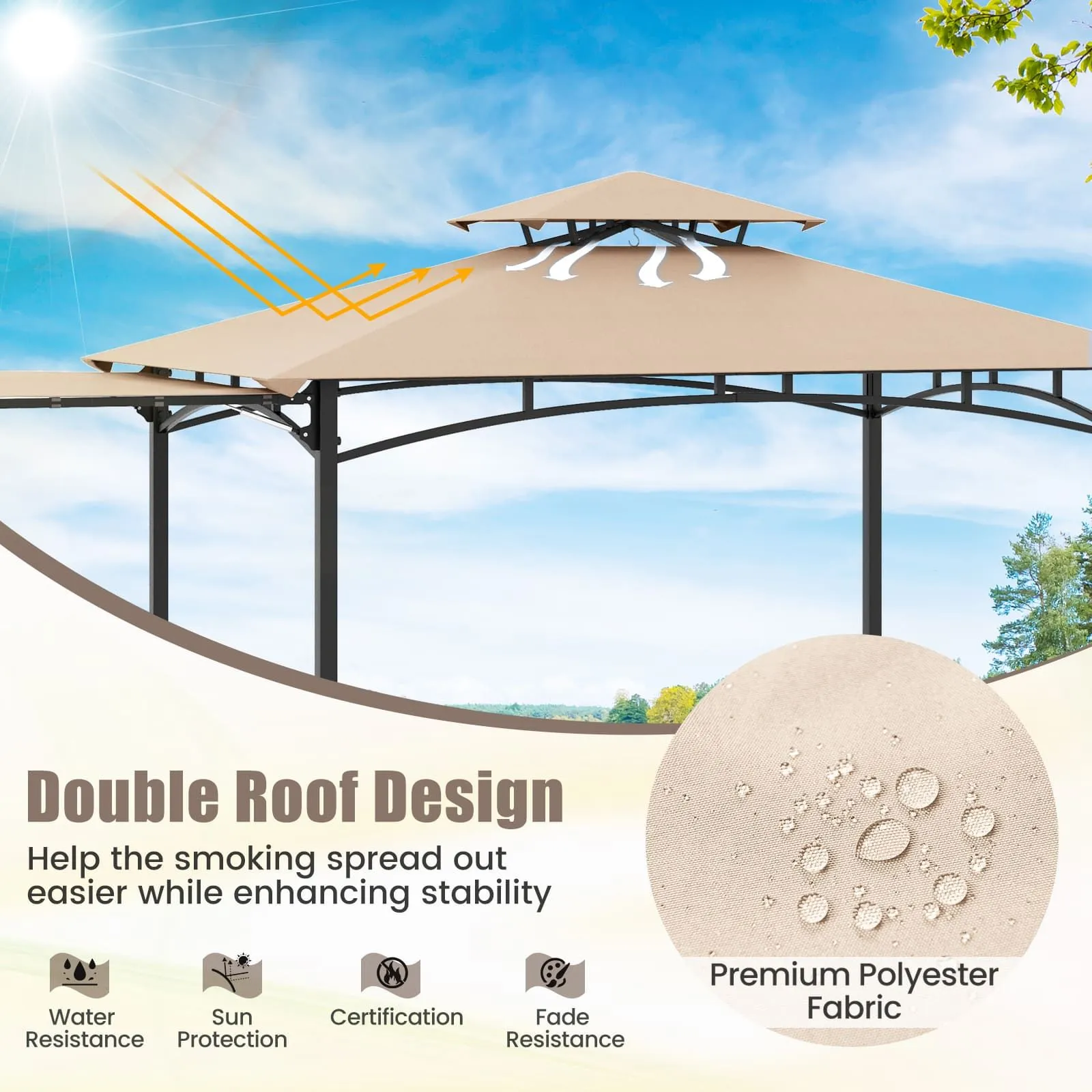 Costway 318x153cm Grill Gazebo Outdoor Barbecue Canopy Tent w/Side Awning in Beige 6