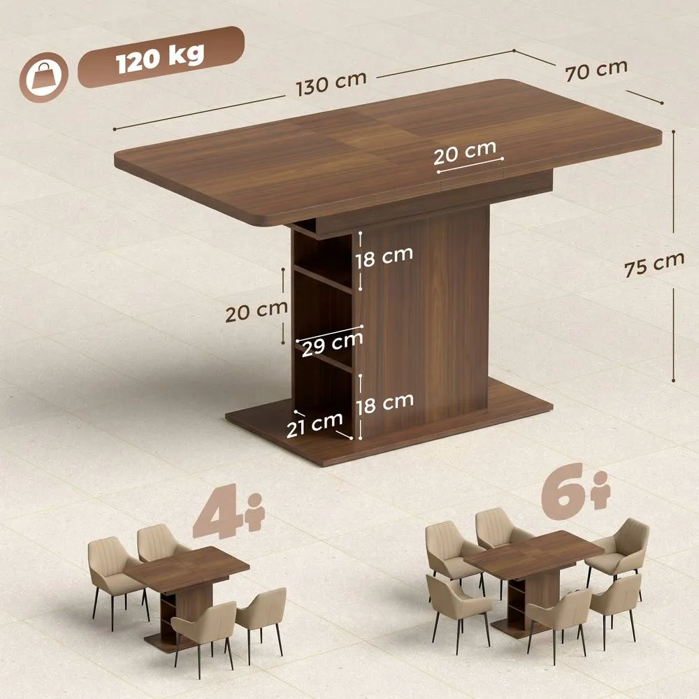 HOMCOM Extendable Dining Table for 4-6, Kitchen Table with Shelves, Walnut in Brown 3